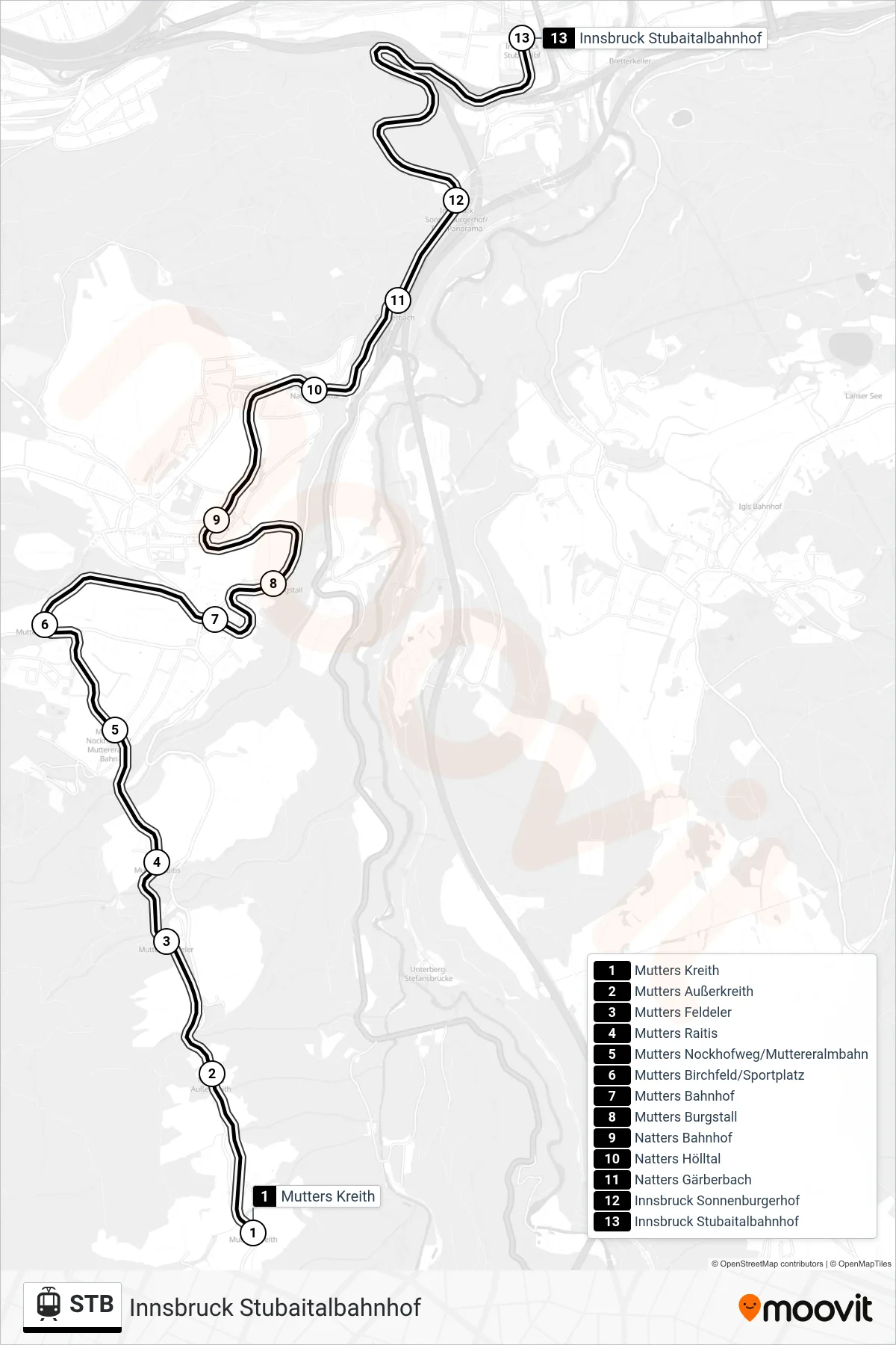 STB light rail Line (Innsbruck Stubaitalbahnhof) route and stops on a map