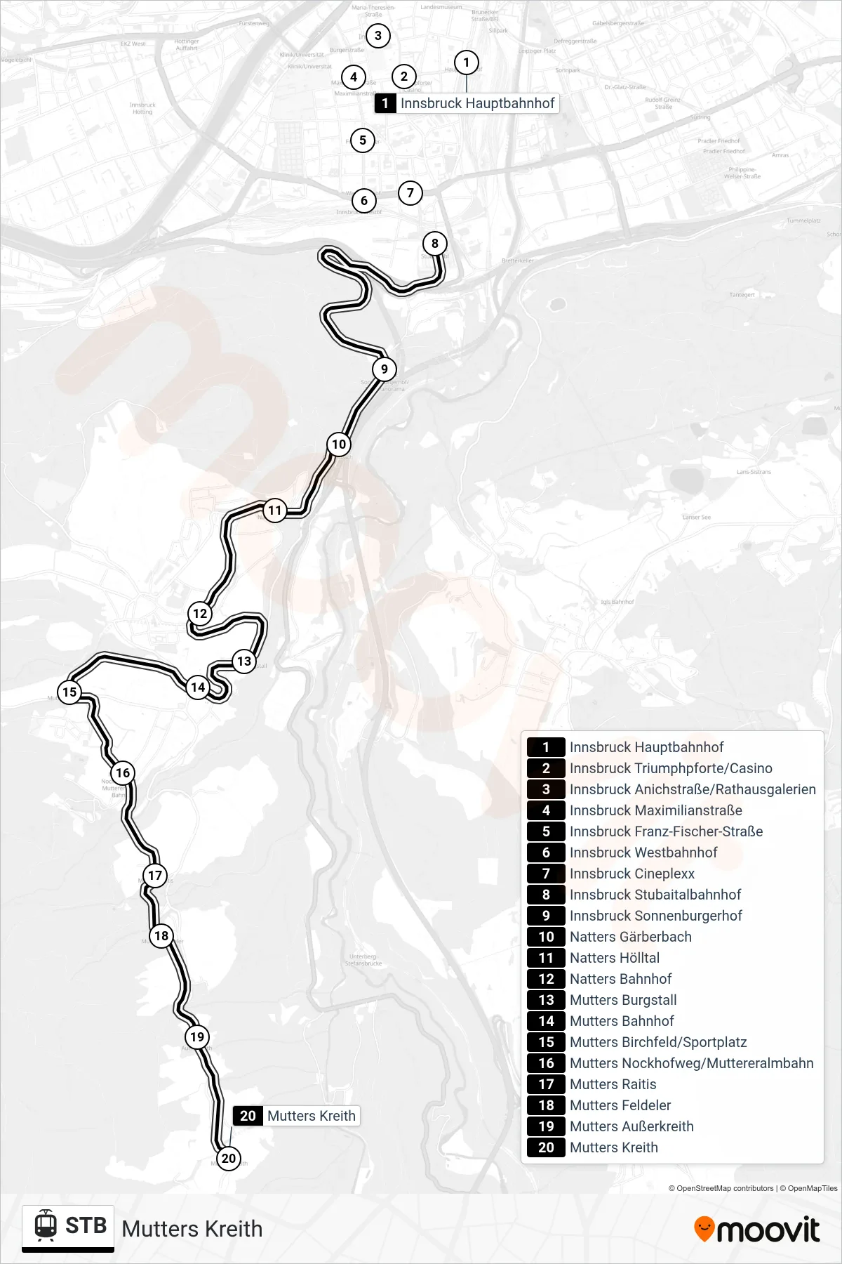 STB light rail Line (Mutters Kreith) route and stops on a map