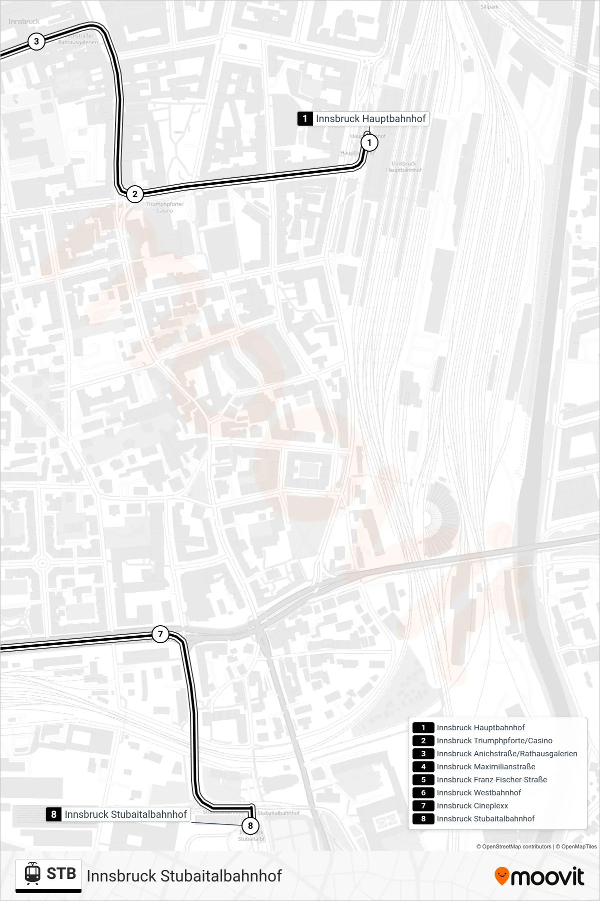 STB light rail Line (Innsbruck Stubaitalbahnhof) route and stops on a map