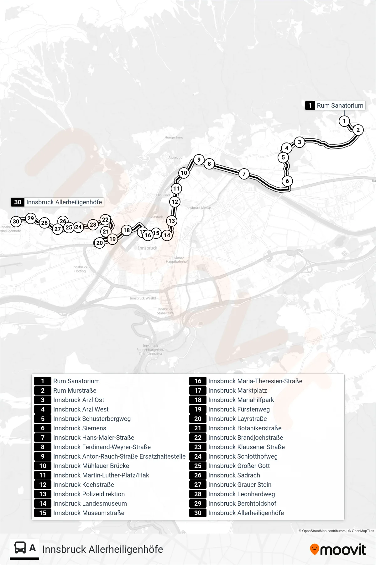 Linie A (Bus) Richtung Innsbruck Allerheiligenhöfe: Route und Haltestellen auf der Karte