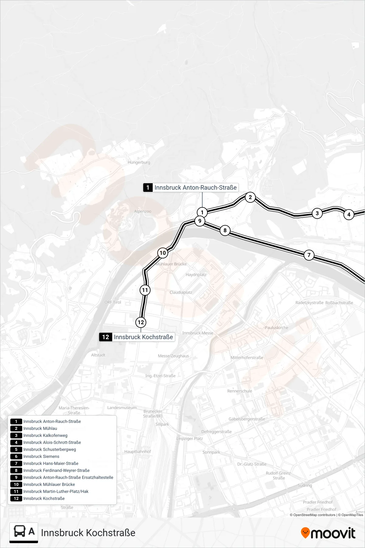 Linie A (Bus) Richtung Innsbruck Kochstraße: Route und Haltestellen auf der Karte