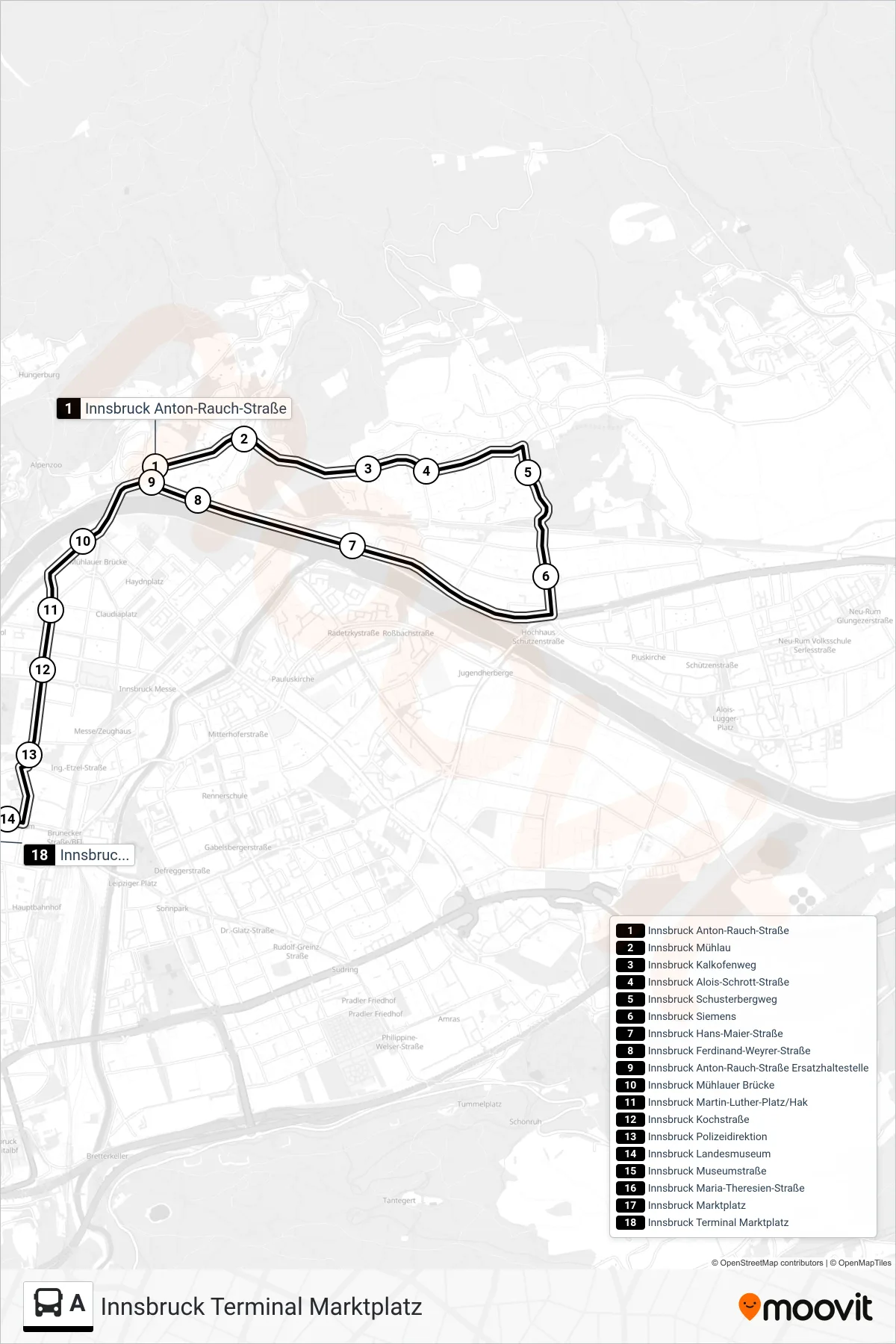 A bus Line (Innsbruck Terminal Marktplatz) route and stops on a map