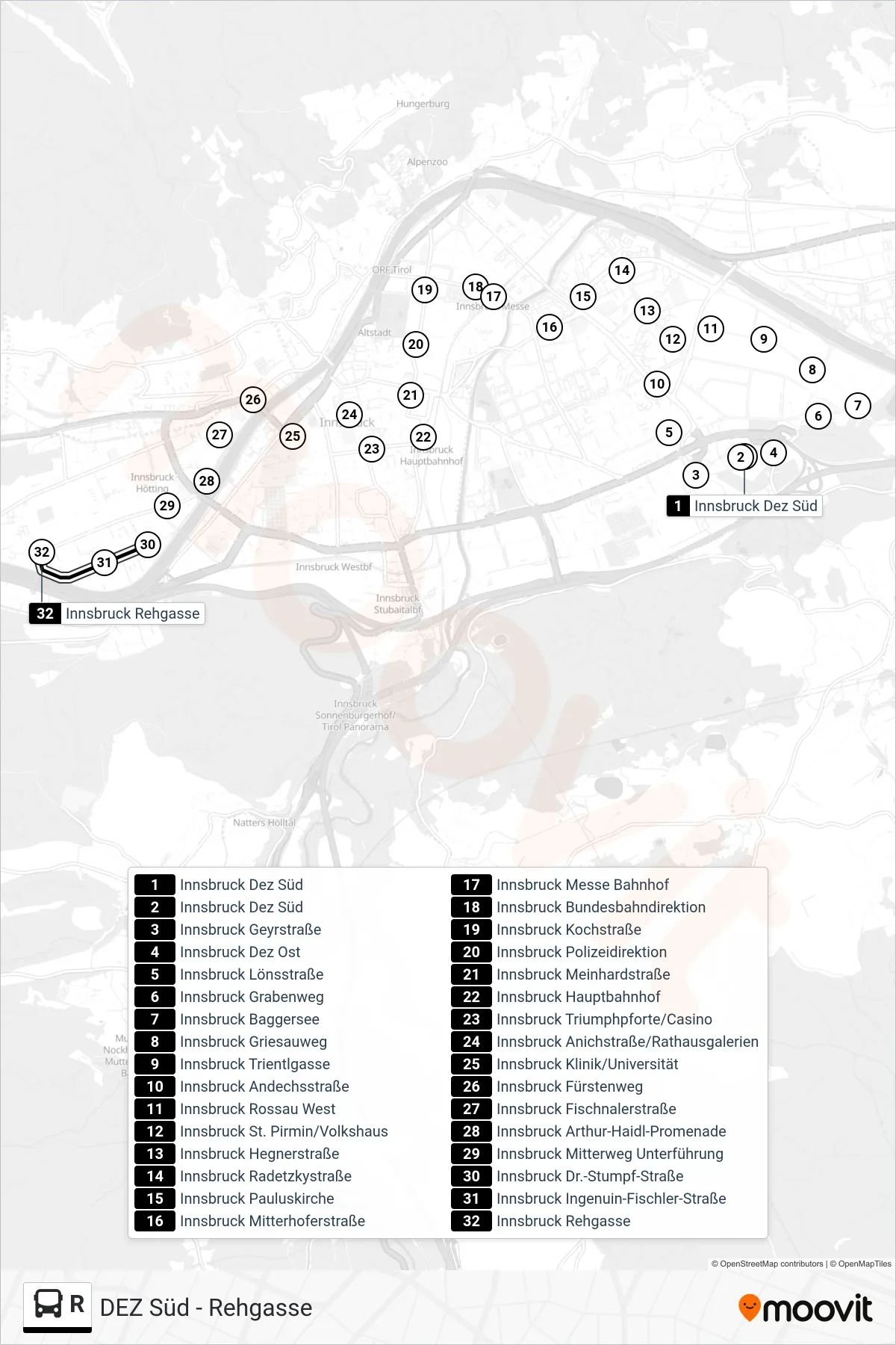 R bus Line (Innsbruck Rehgasse) route and stops on a map