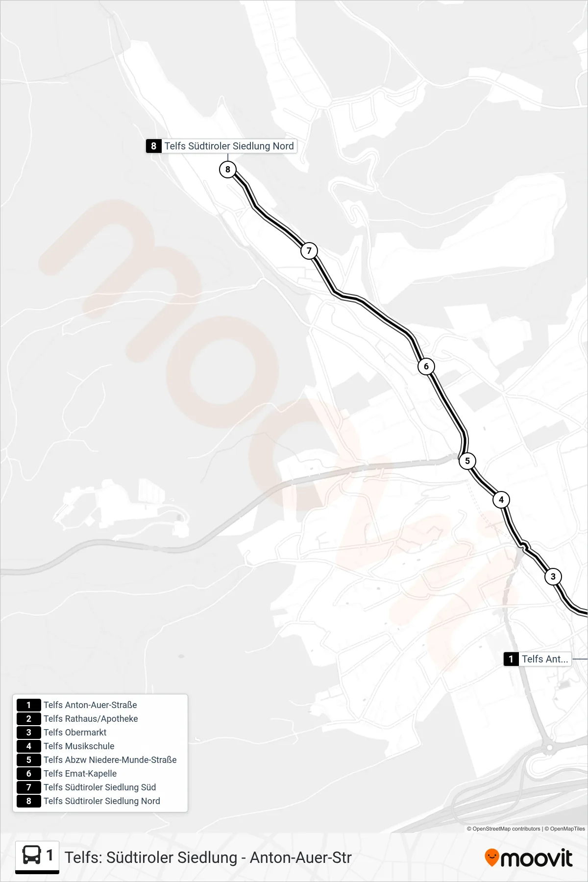 Linie 1 (Tram) Richtung Telfs Südtiroler Siedlung Nord: Route und Haltestellen auf der Karte