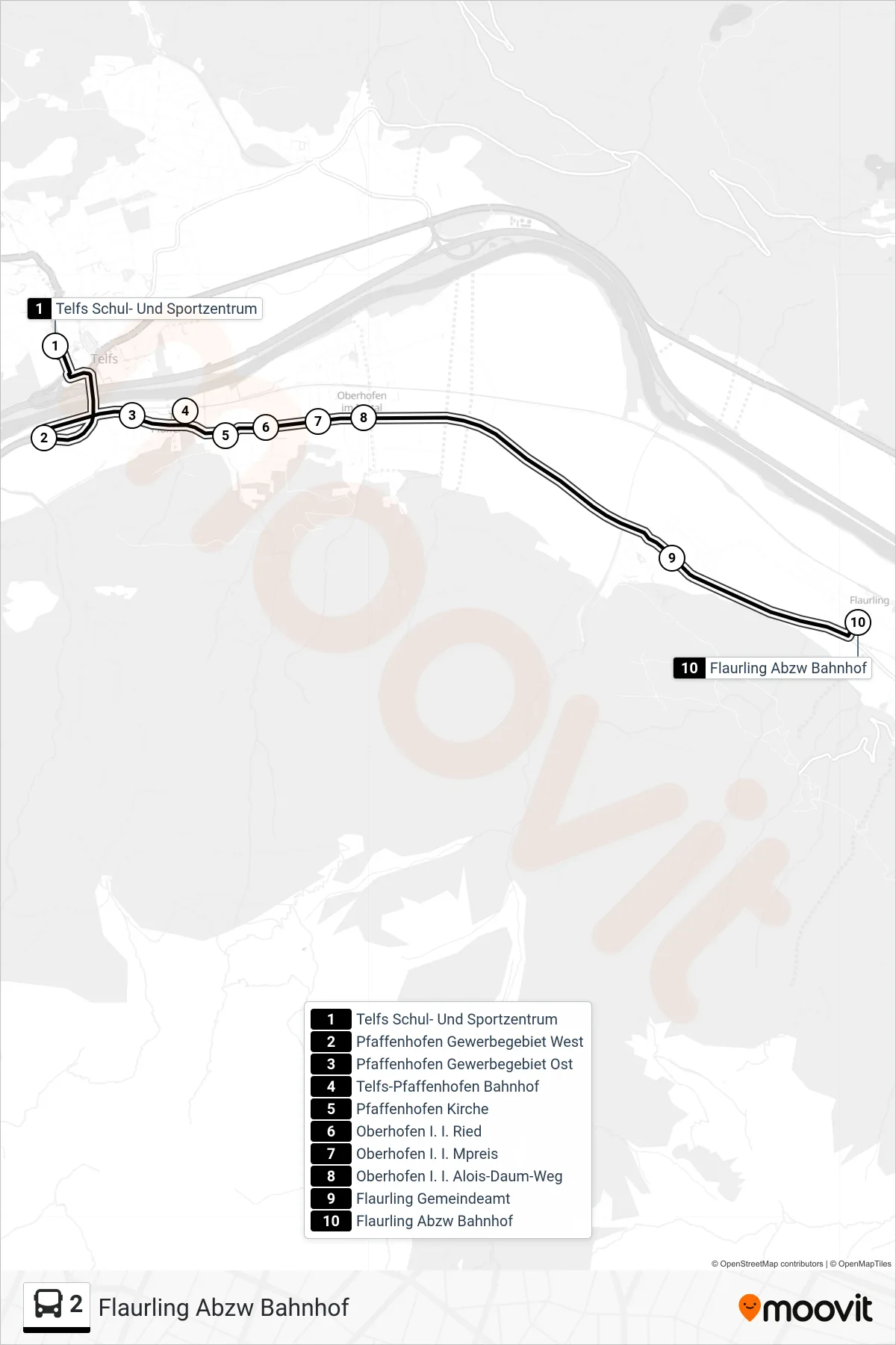 Linie 2 (Tram) Richtung Flaurling Abzw Bahnhof: Route und Haltestellen auf der Karte