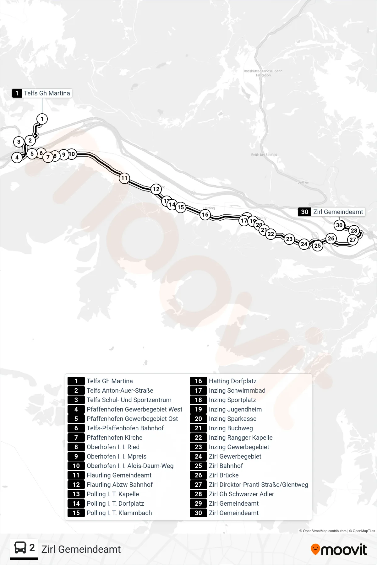 2 tram Line (Zirl Gemeindeamt) route and stops on a map