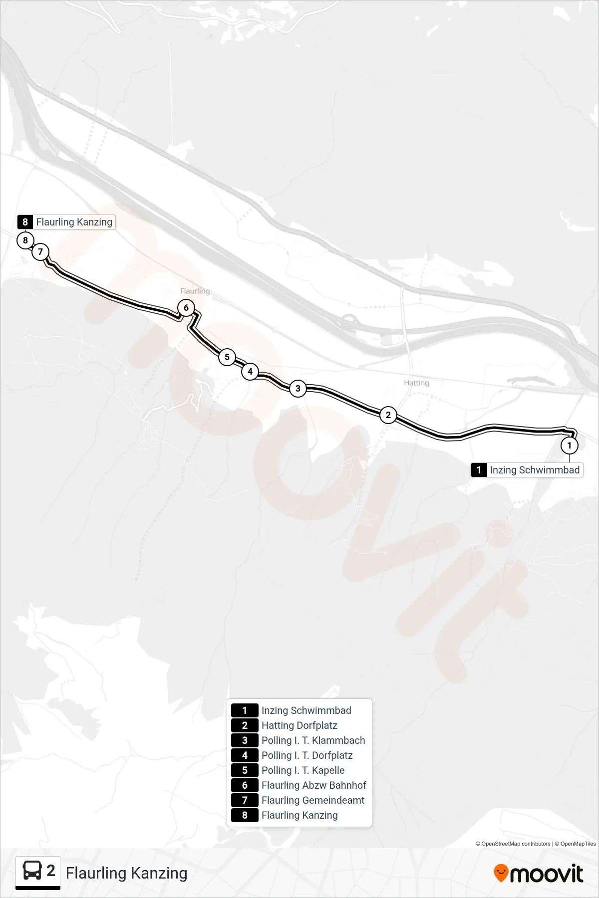 Linie 2 (Tram) Richtung Flaurling Kanzing: Route und Haltestellen auf der Karte