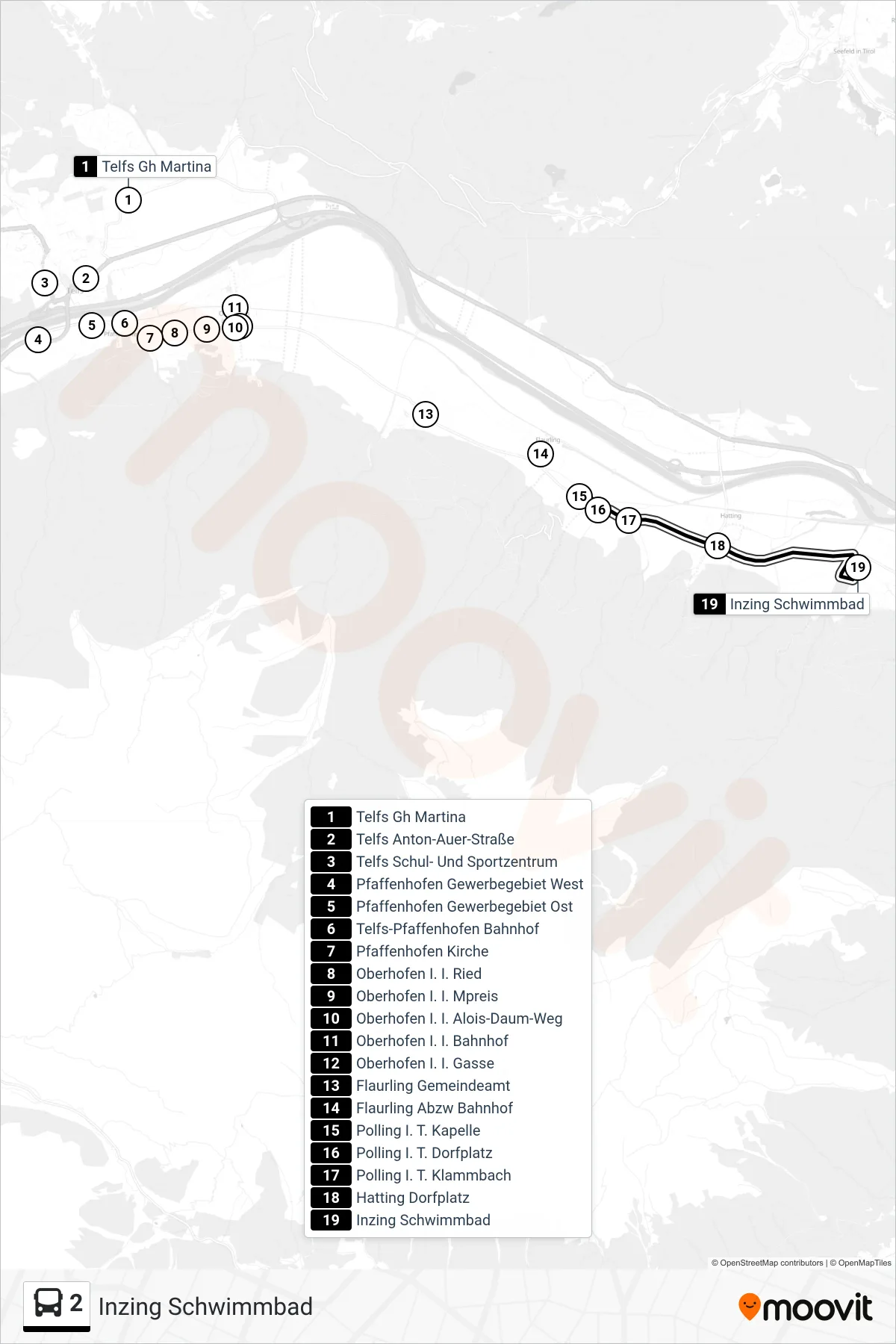 Linie 2 (Tram) Richtung Inzing Schwimmbad: Route und Haltestellen auf der Karte