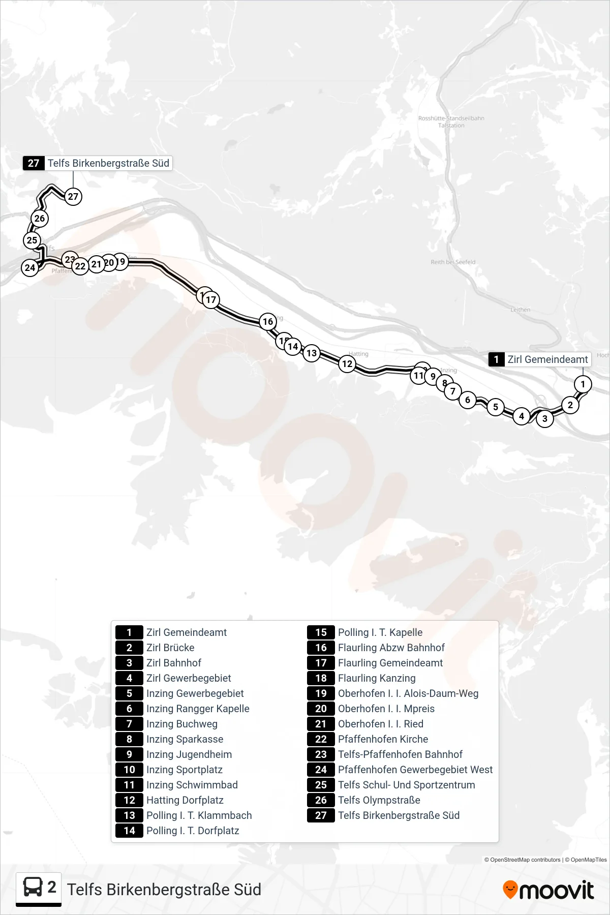 Linie 2 (Tram) Richtung Telfs Birkenbergstraße Süd: Route und Haltestellen auf der Karte