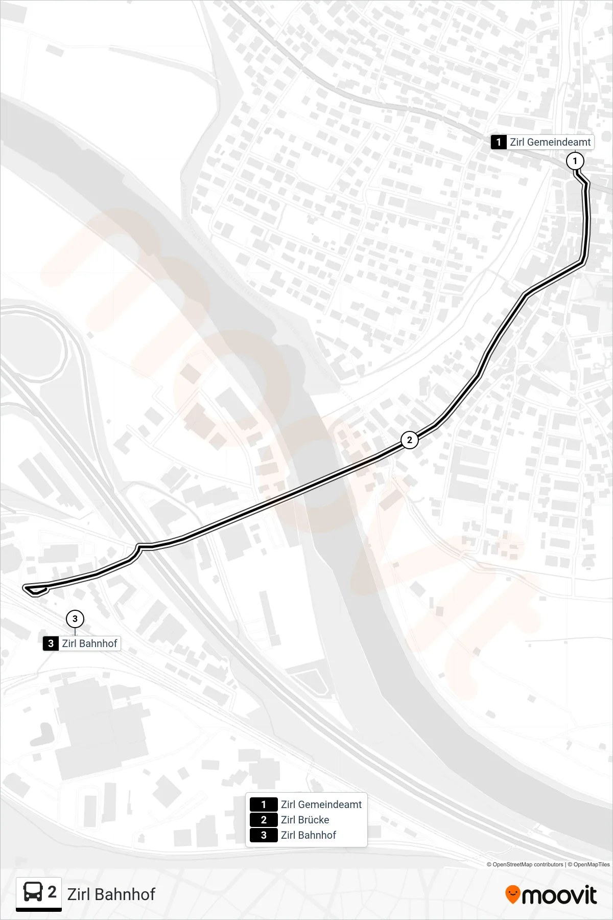 2 tram Line (Zirl Bahnhof) route and stops on a map