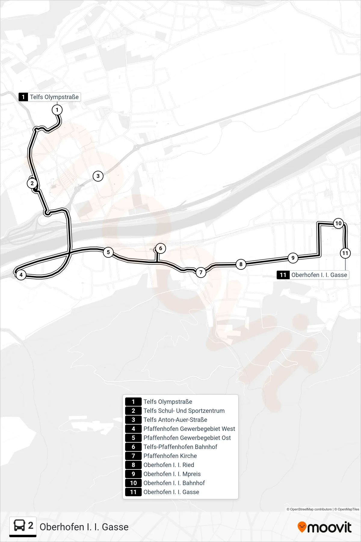 Linie 2 (Tram) Richtung Oberhofen I. I. Gasse: Route und Haltestellen auf der Karte