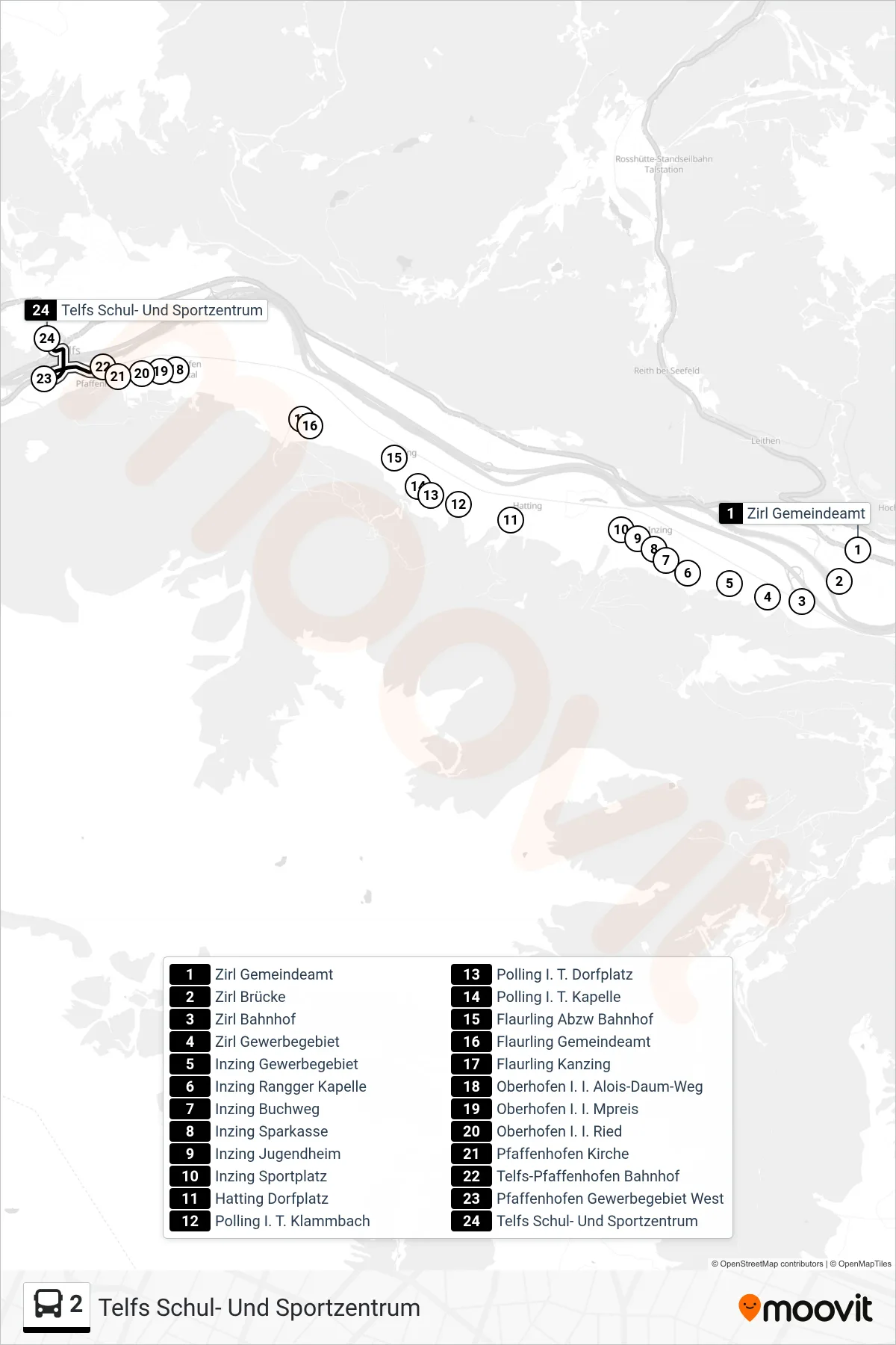 Linie 2 (Tram) Richtung Telfs Schul- Und Sportzentrum: Route und Haltestellen auf der Karte
