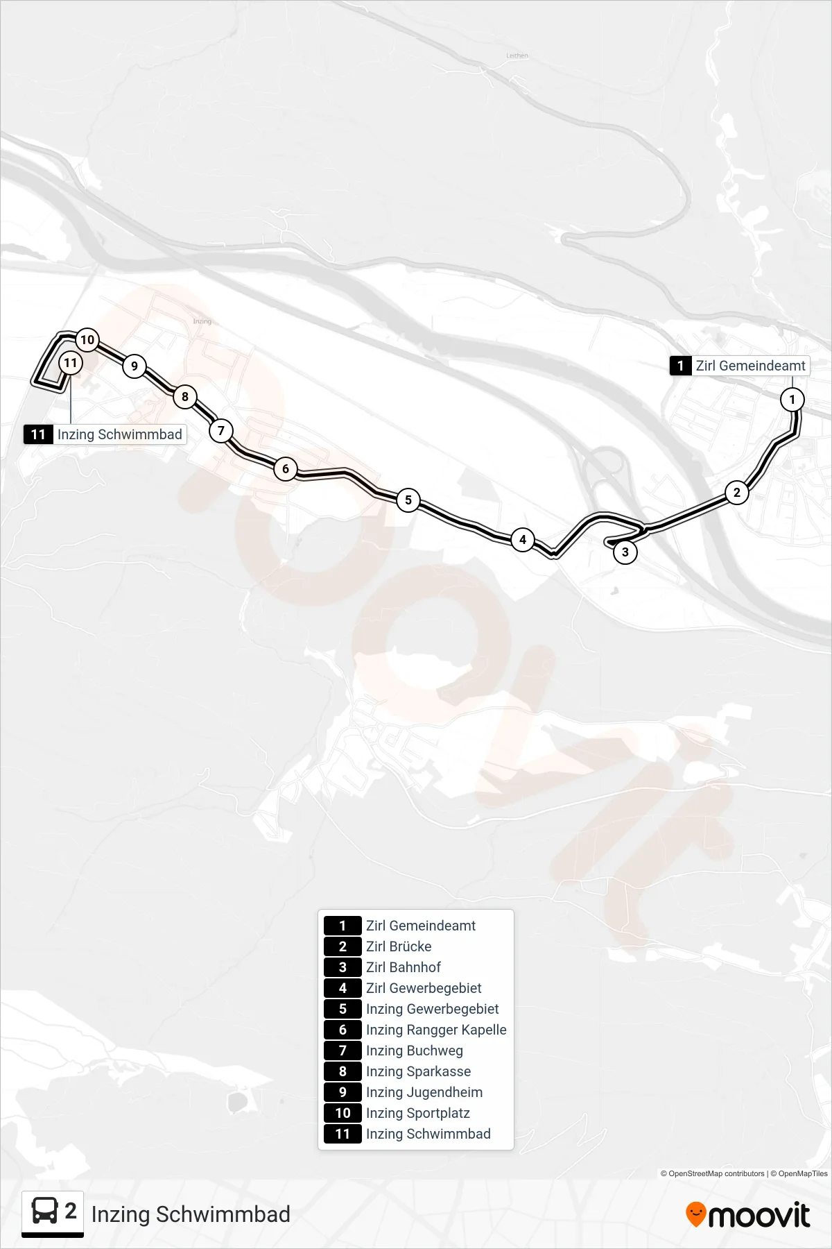 2 tram Line (Inzing Schwimmbad) route and stops on a map