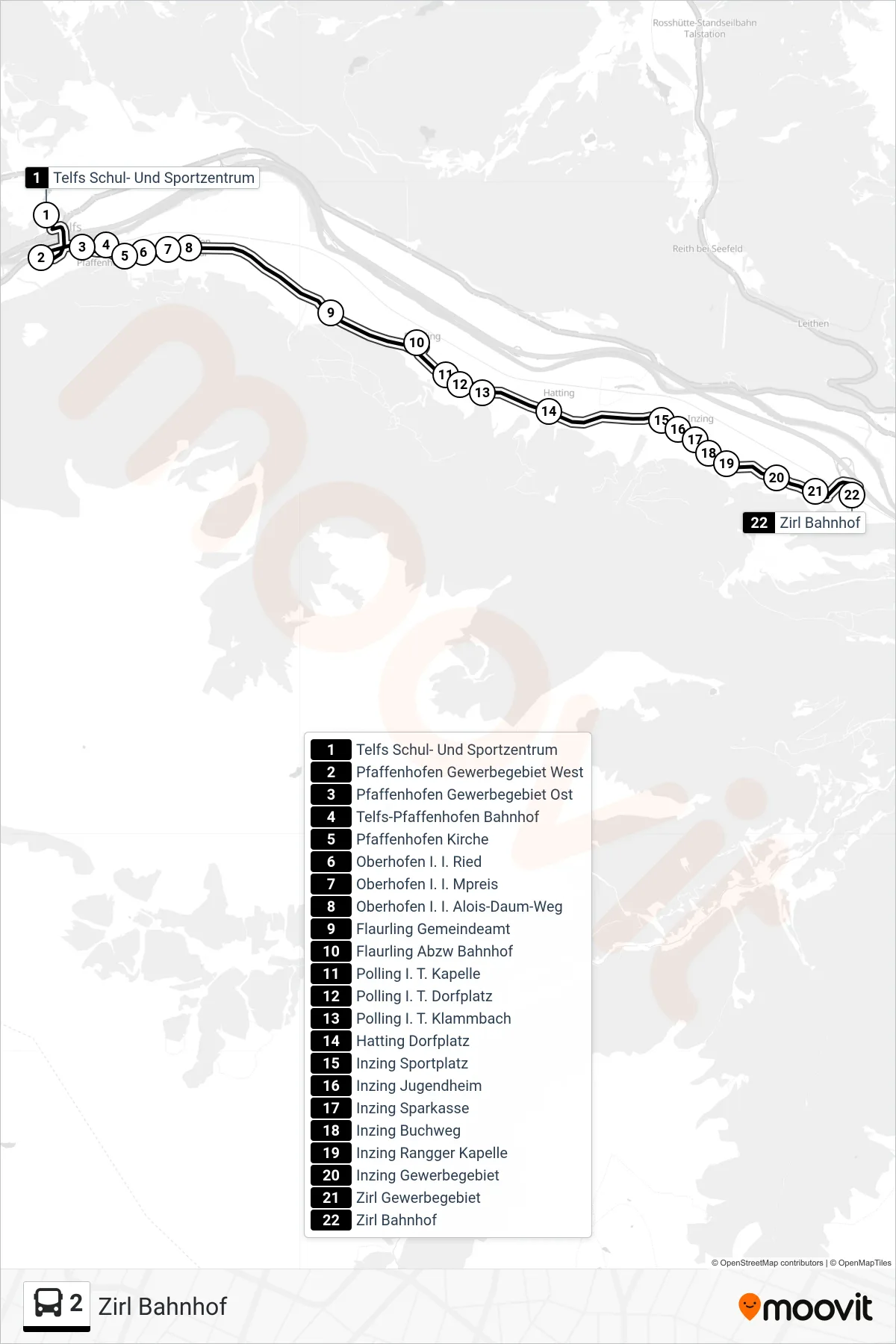 2 tram Line (Zirl Bahnhof) route and stops on a map