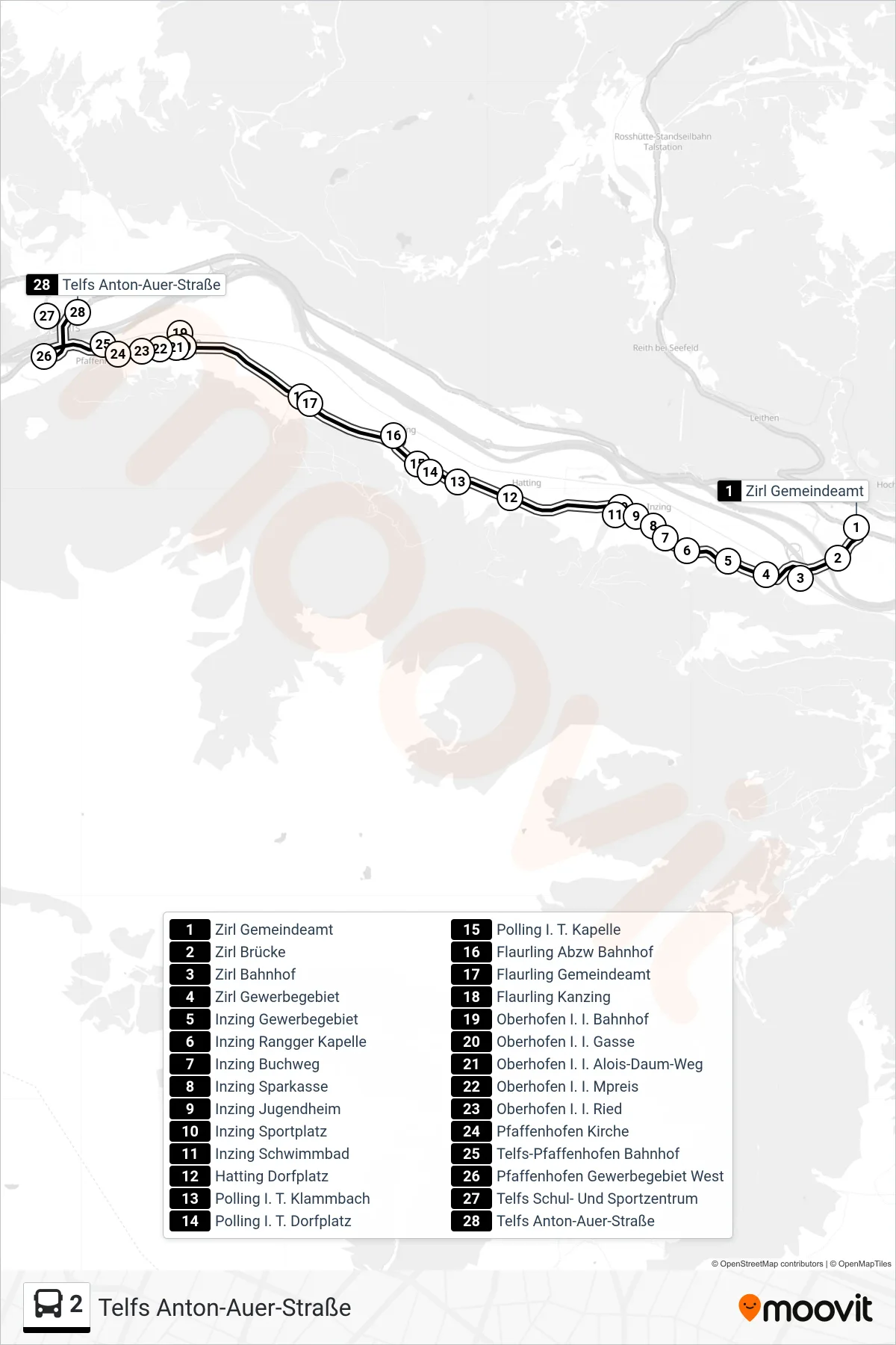 2 tram Line (Telfs Anton-Auer-Straße) route and stops on a map