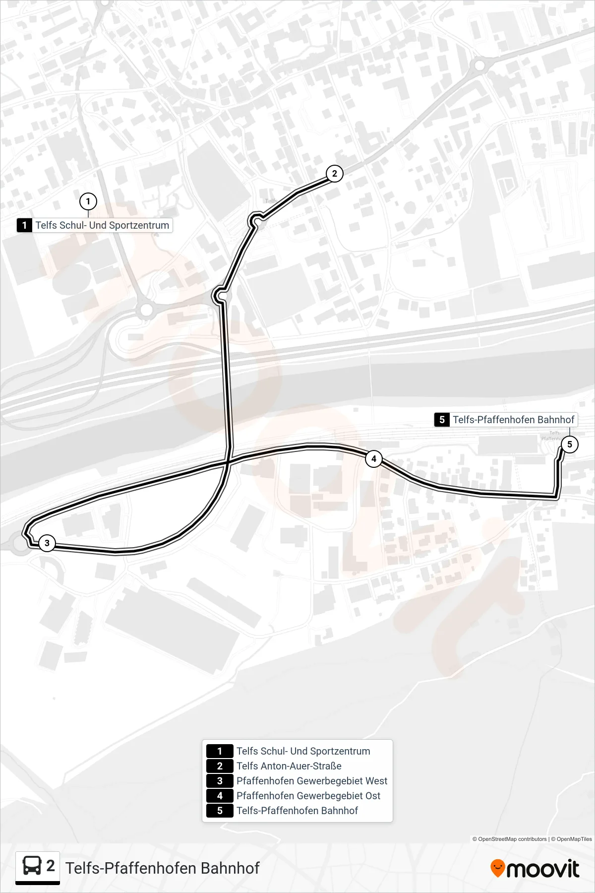2 tram Line (Telfs-Pfaffenhofen Bahnhof) route and stops on a map