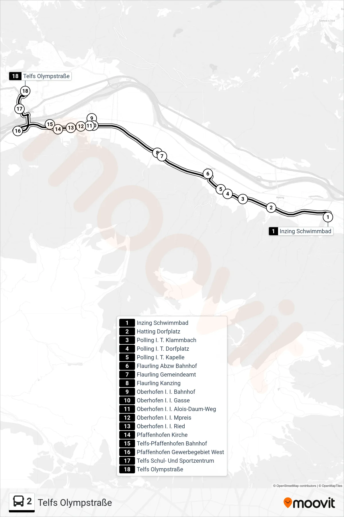 Linie 2 (Tram) Richtung Telfs Olympstraße: Route und Haltestellen auf der Karte