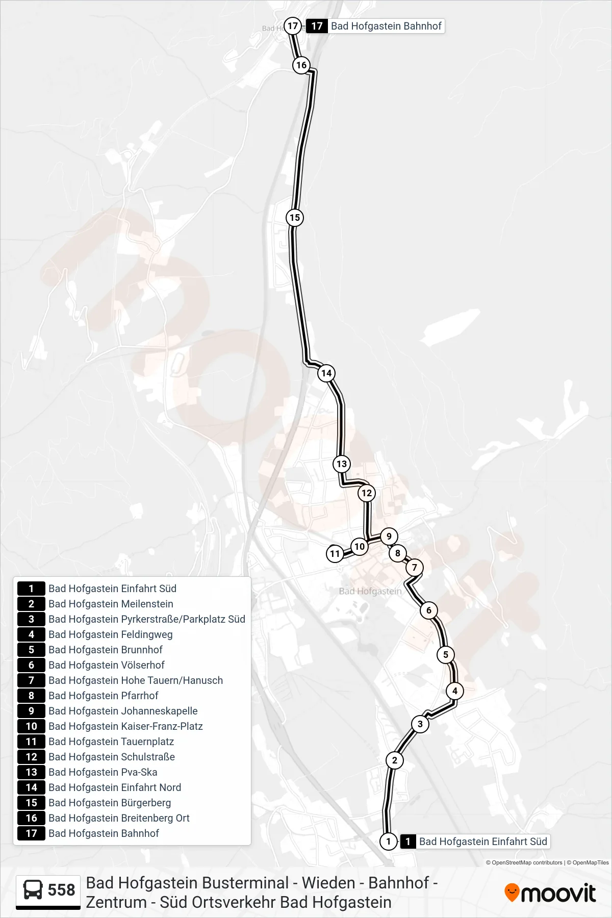 558 bus Line (Bad Hofgastein Bahnhof) route and stops on a map
