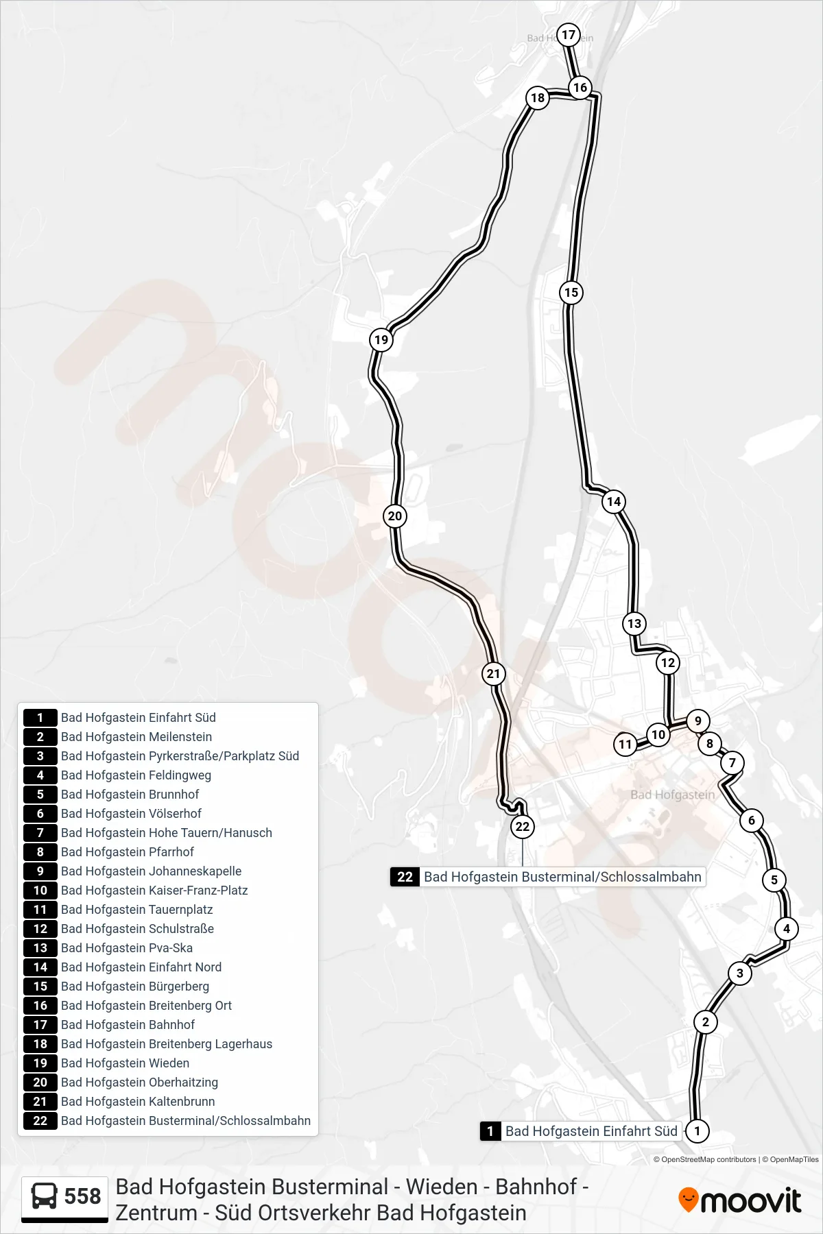 Linie 558 (Bus) Richtung Bad Hofgastein Busterminal/Schlossalmbahn: Route und Haltestellen auf der Karte
