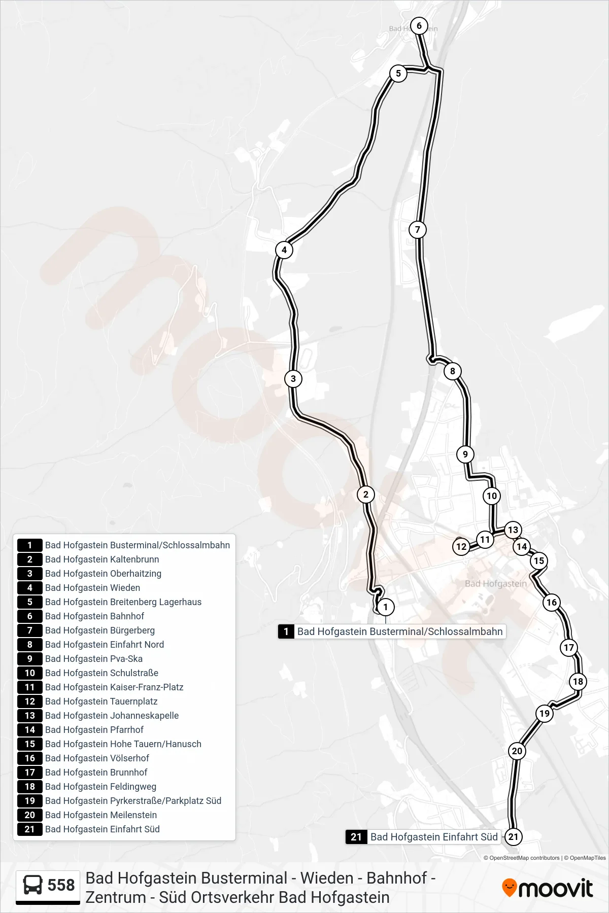 558 bus Line (Bad Hofgastein Einfahrt Süd) route and stops on a map