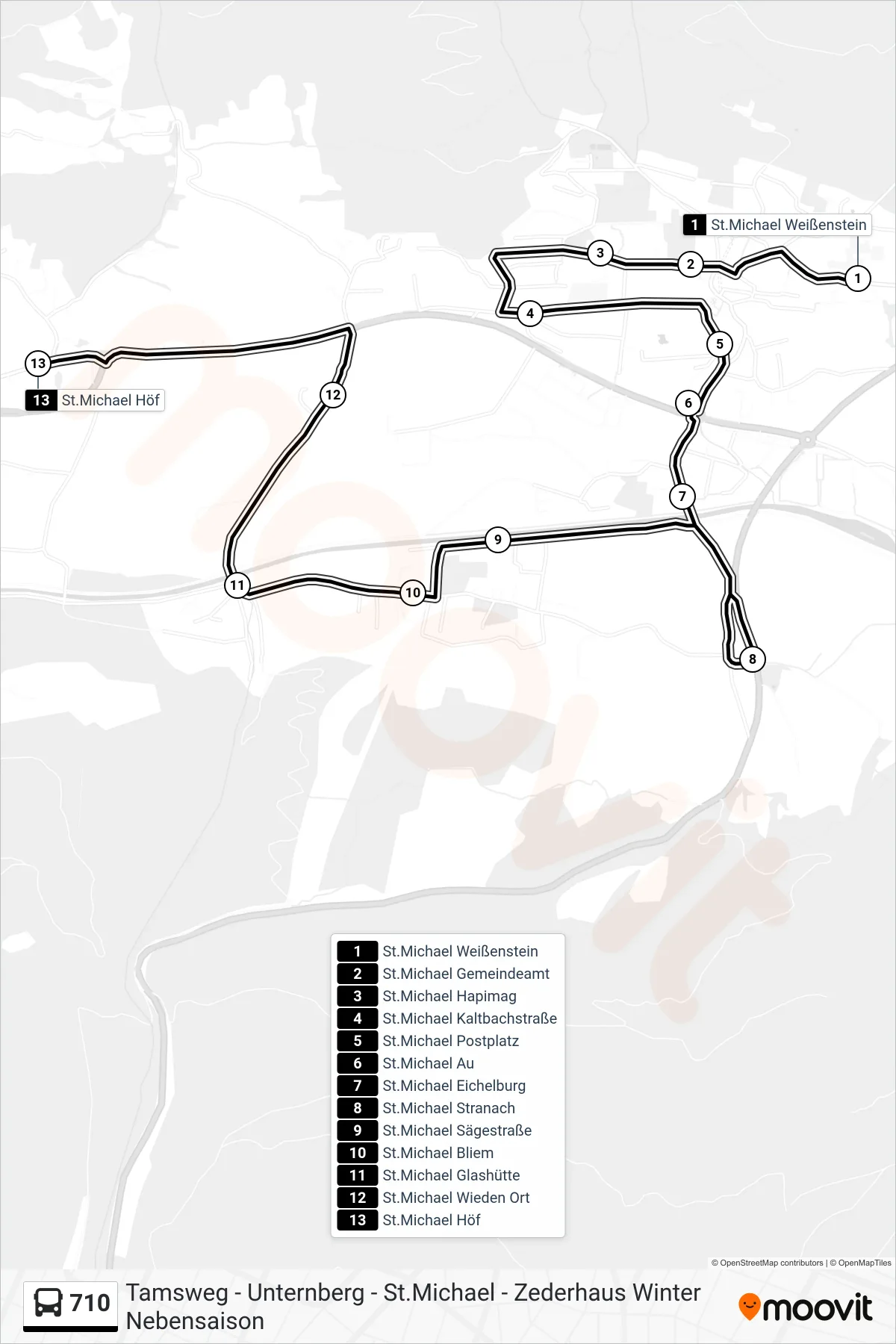 710 bus Line (St.Michael Höf) route and stops on a map