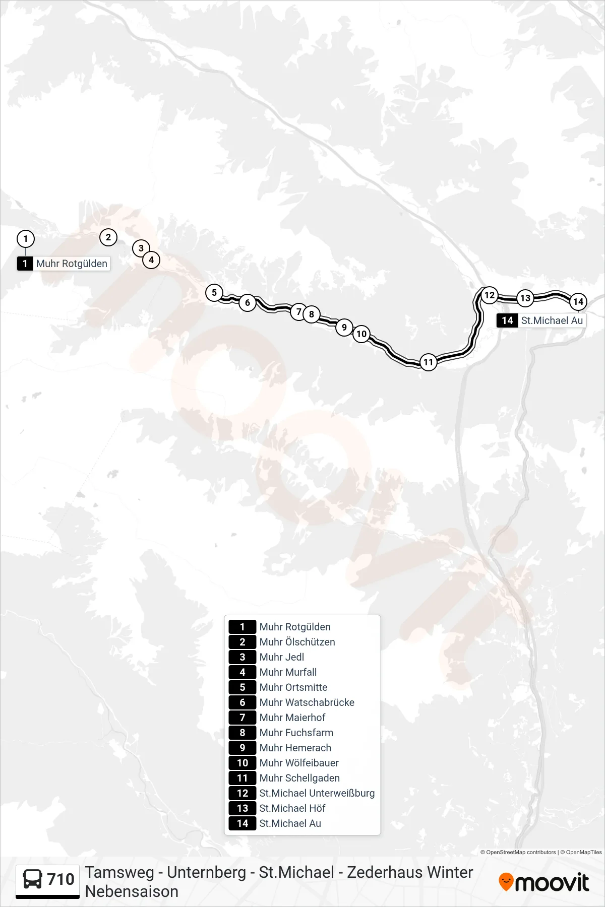Linie 710 (Bus) Richtung St.Michael Au: Route und Haltestellen auf der Karte