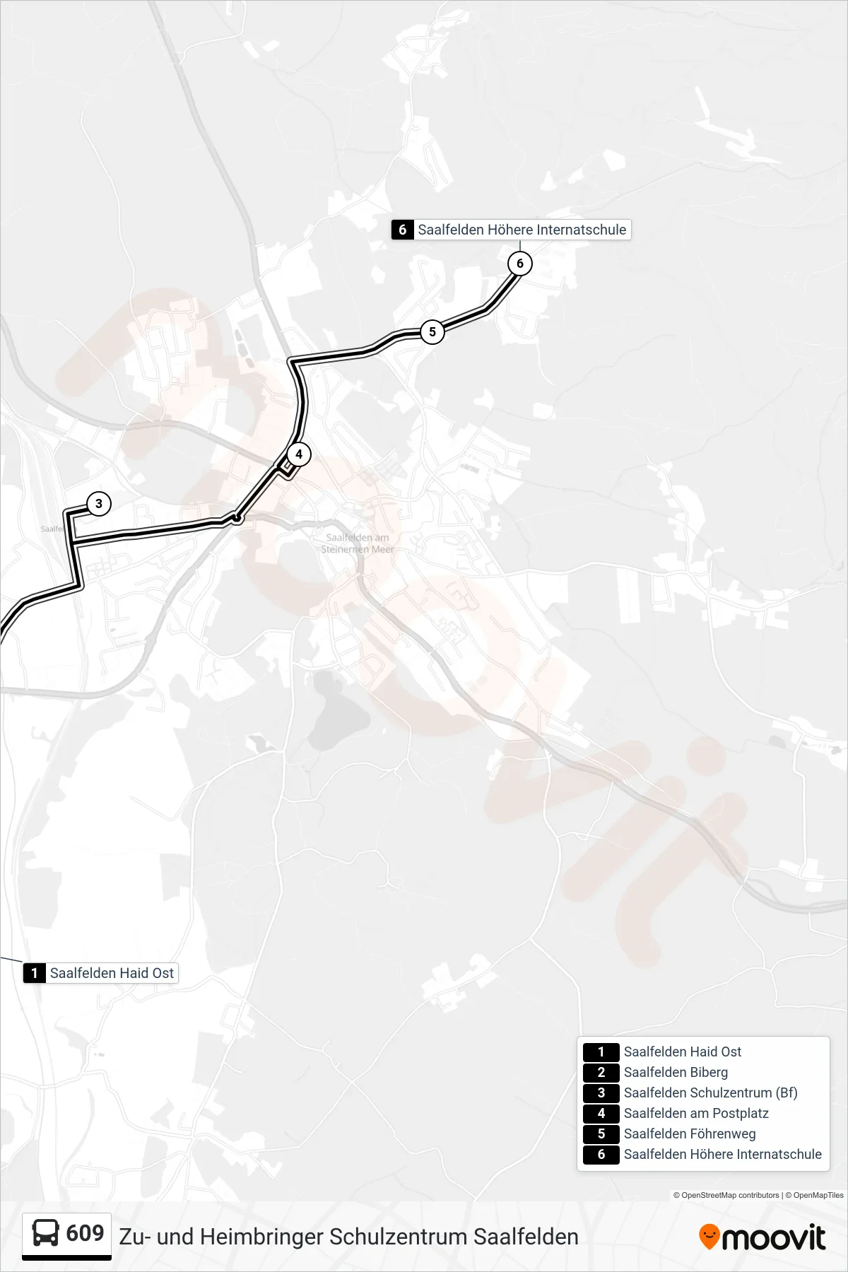 609 bus Line (Saalfelden Höhere Internatschule) route and stops on a map