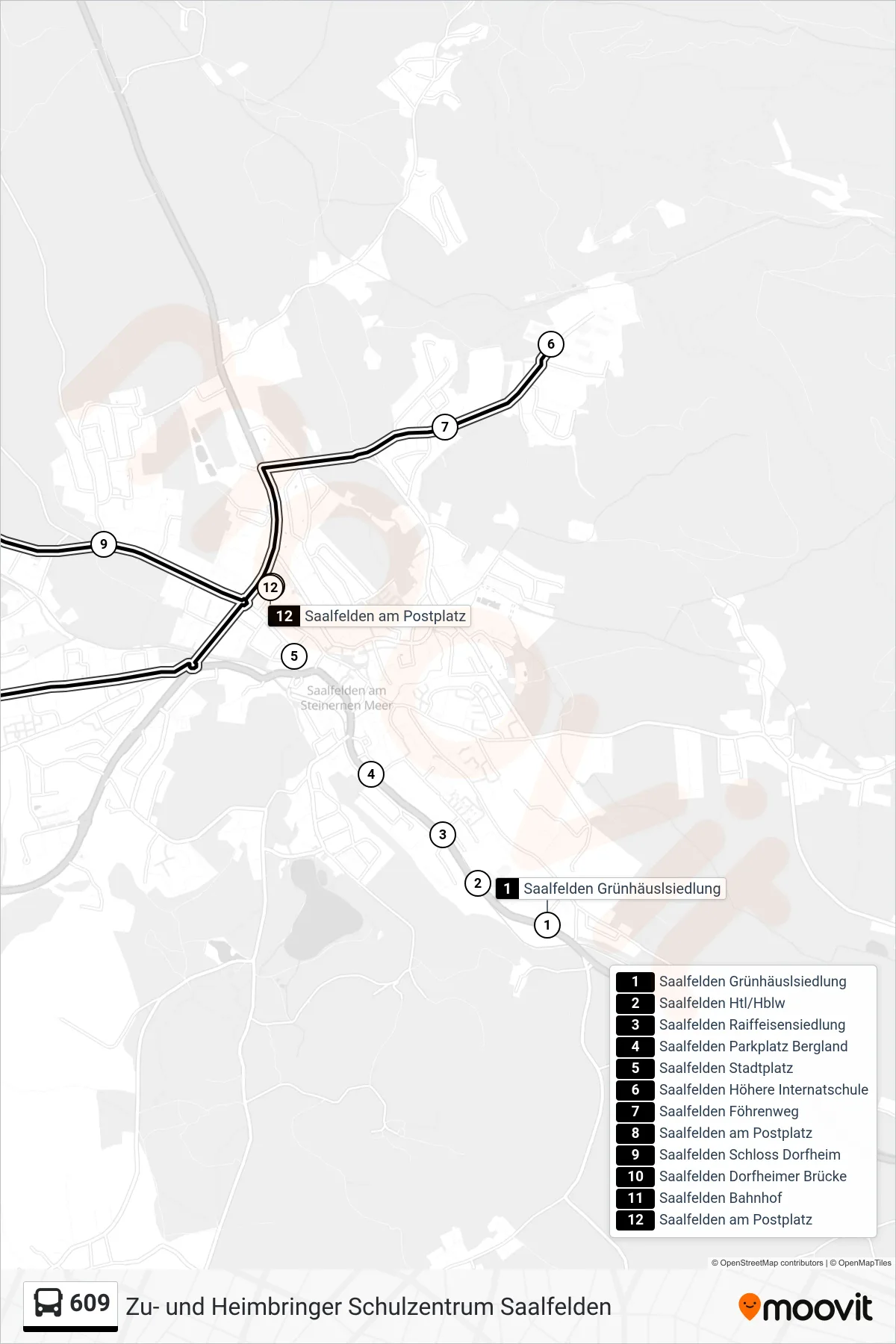 609 bus Line (Saalfelden am Postplatz) route and stops on a map