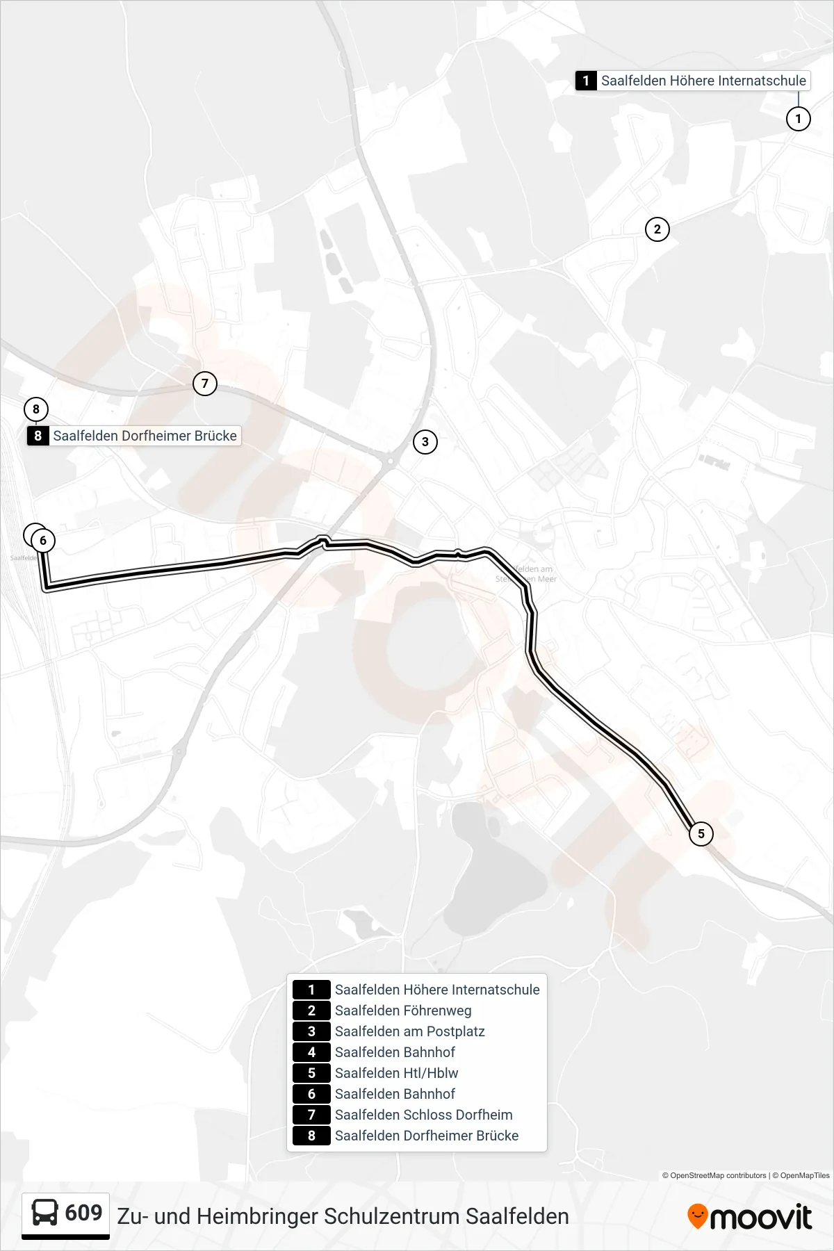609 bus Line (Saalfelden Bahnhof) route and stops on a map