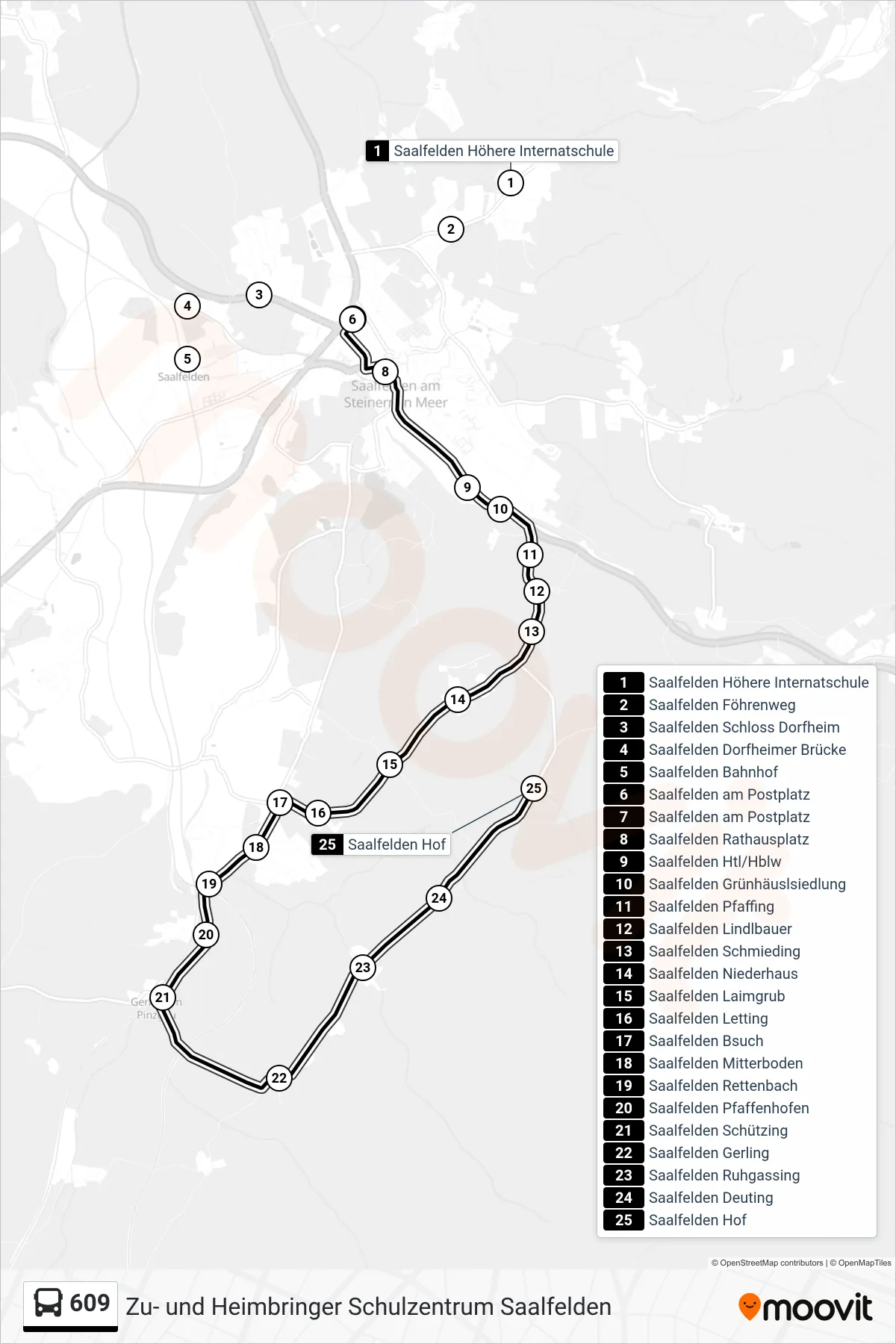 609 bus Line (Saalfelden Hof) route and stops on a map