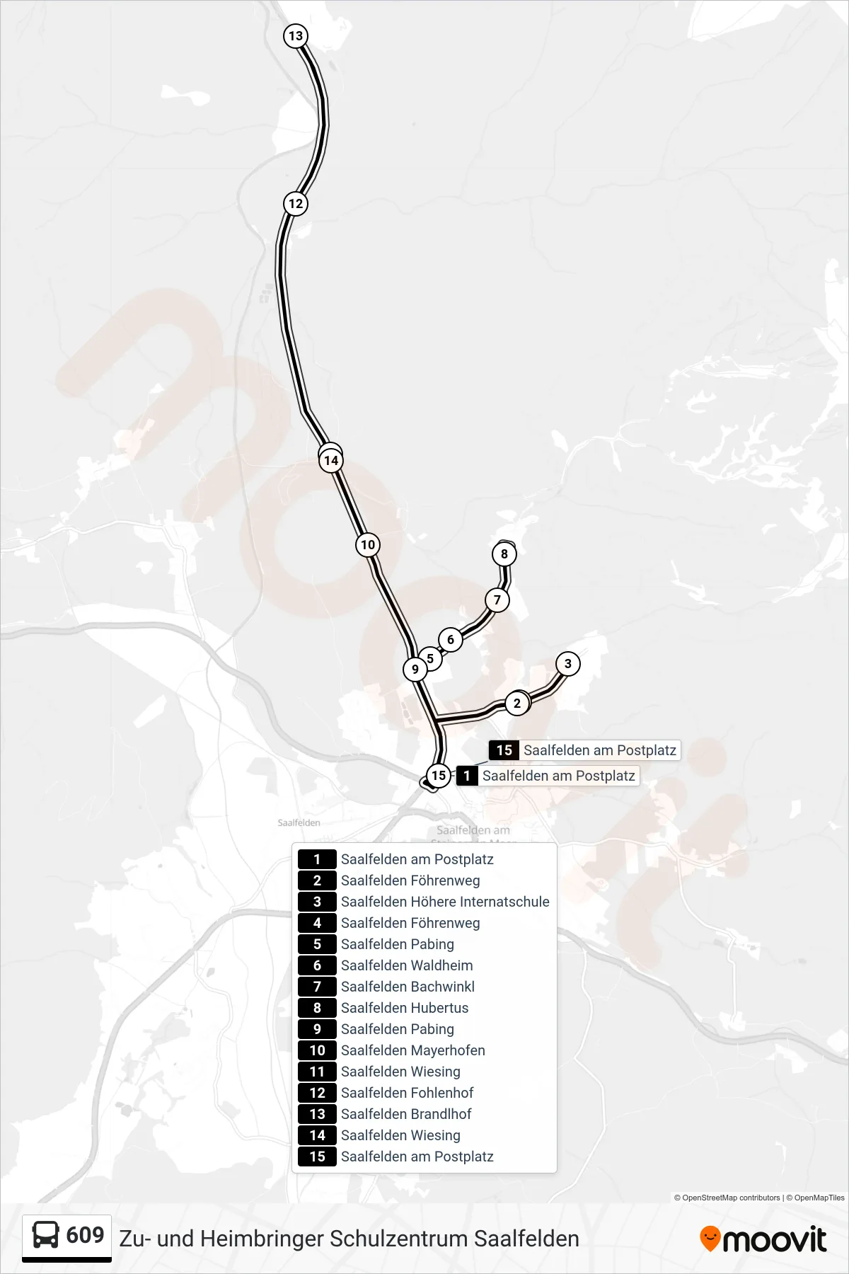 Linie 609 (Bus) Richtung Saalfelden Brandlhof Via Hib - Hubertus: Route und Haltestellen auf der Karte