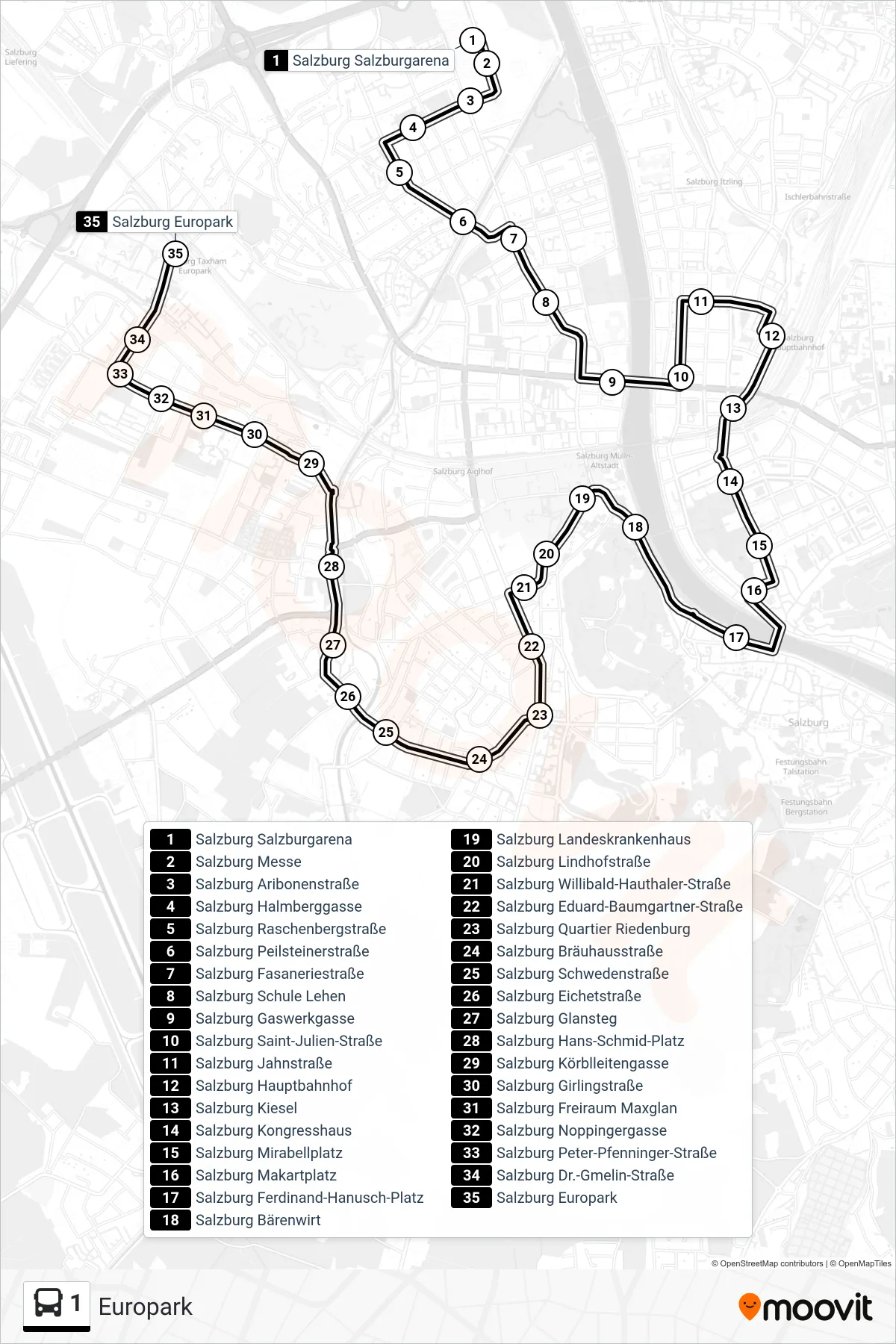 1 bus Line (Europark) route and stops on a map