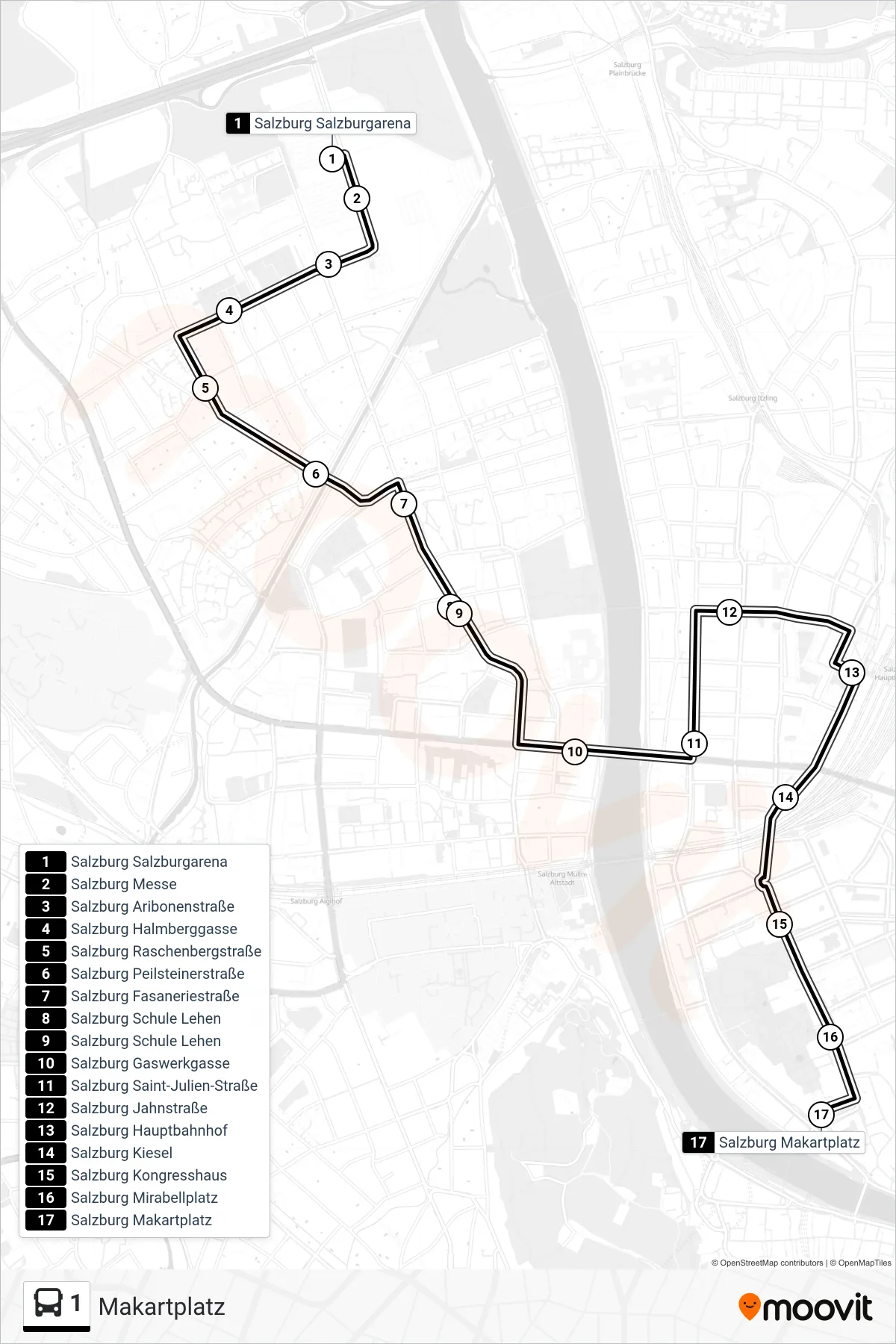1 bus Line (Makartplatz) route and stops on a map