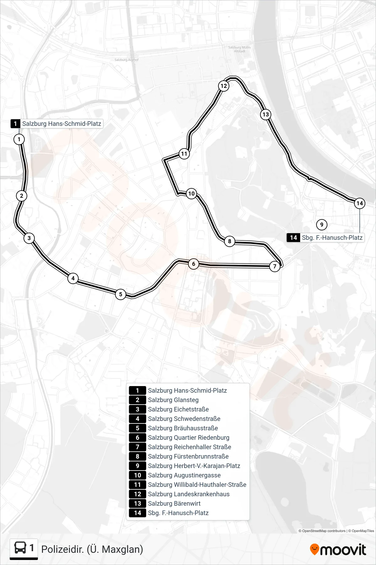 1 bus Line (Polizeidir. (Ü. Maxglan)) route and stops on a map