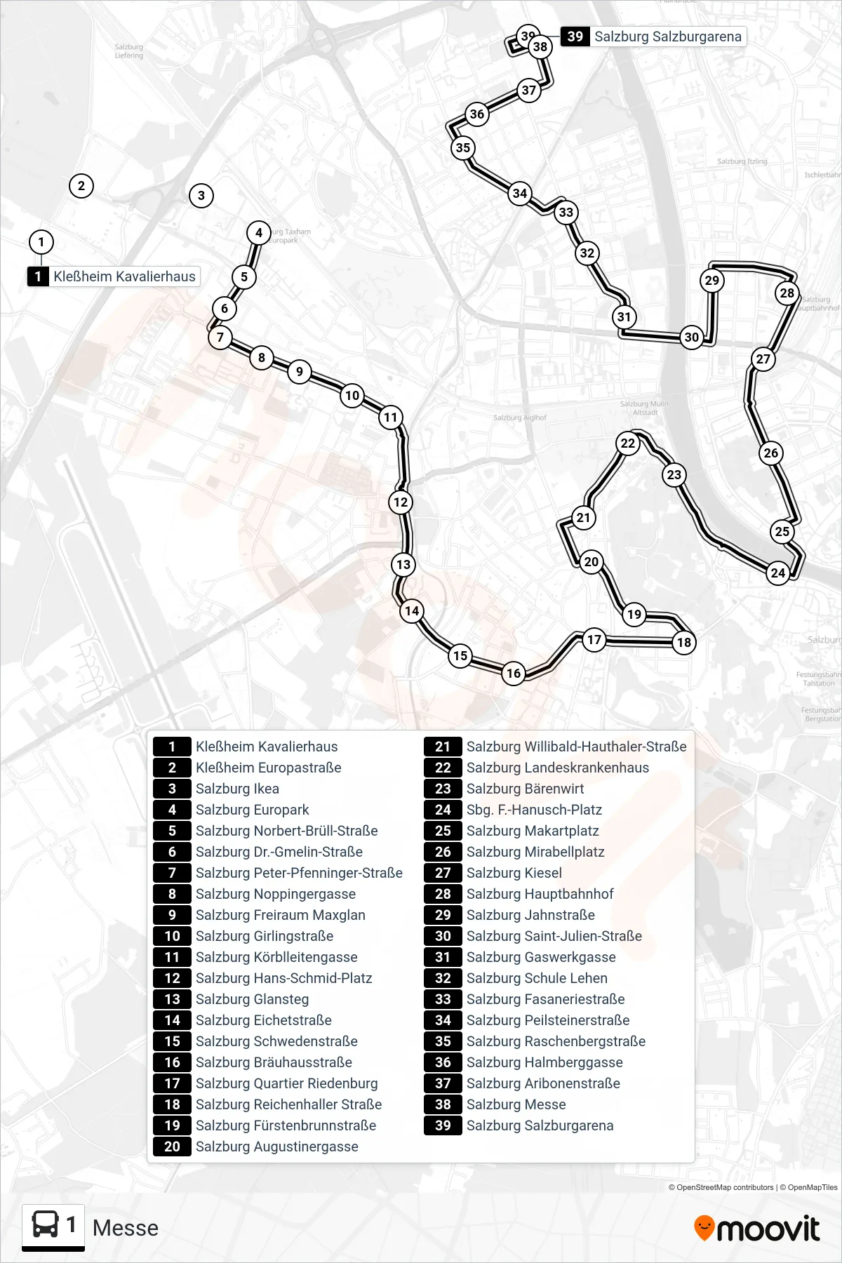 1 bus Line (Messe) route and stops on a map