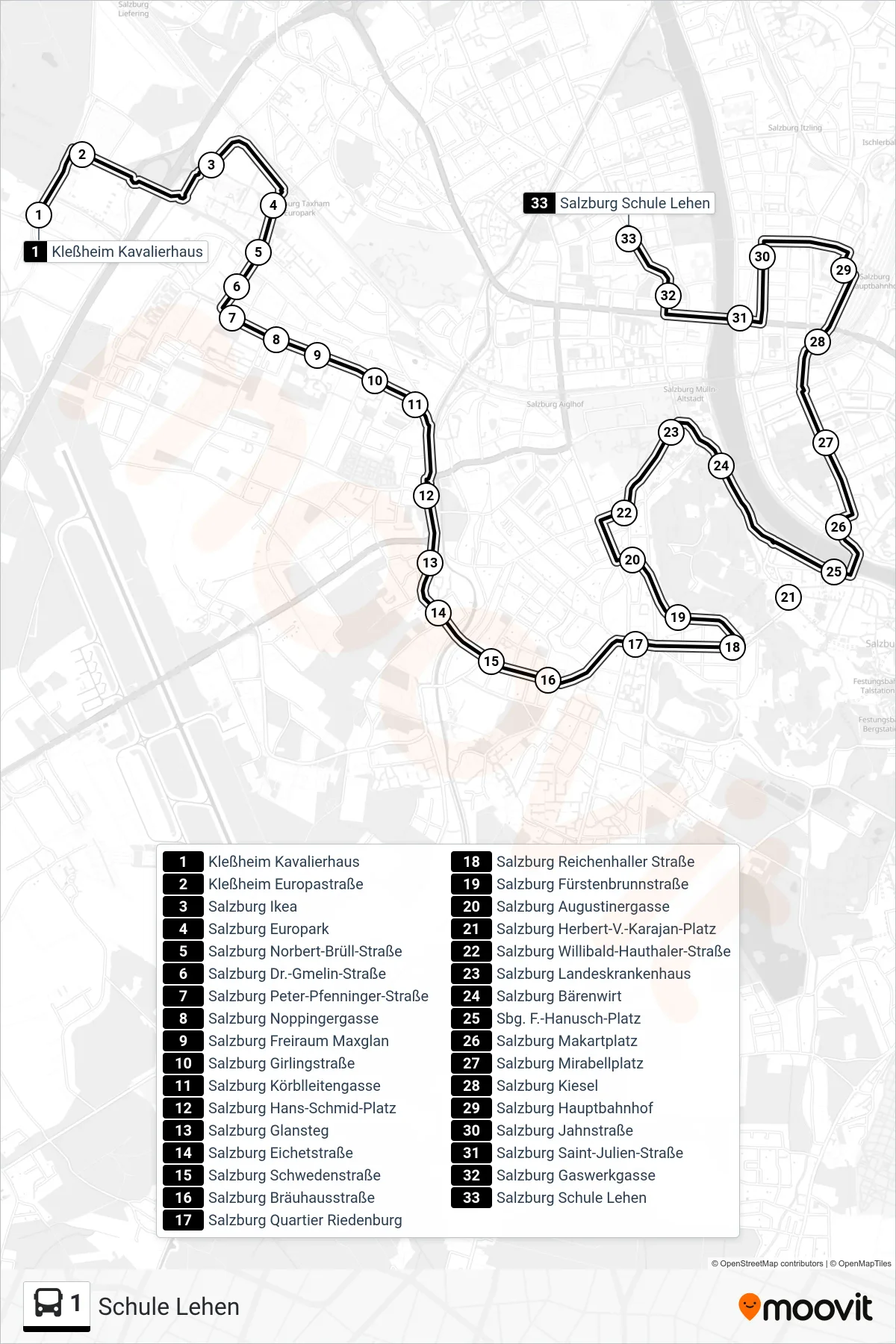 1 bus Line (Schule Lehen) route and stops on a map