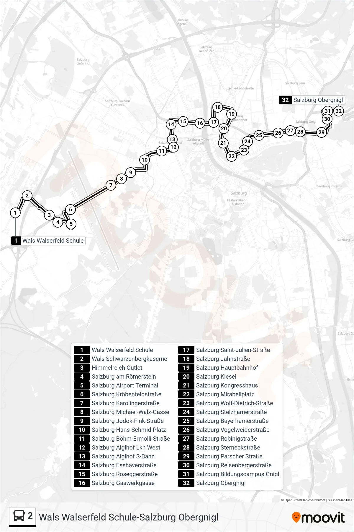 2 bus Line (Obergnigl) route and stops on a map