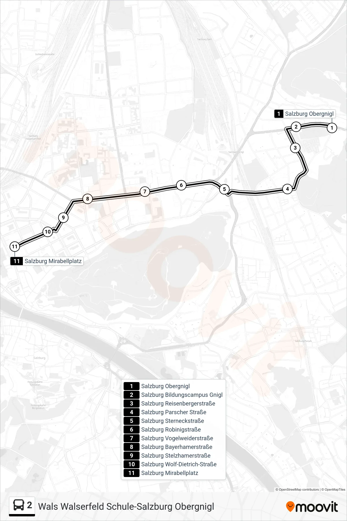 2 bus Line (Mirabellplatz) route and stops on a map