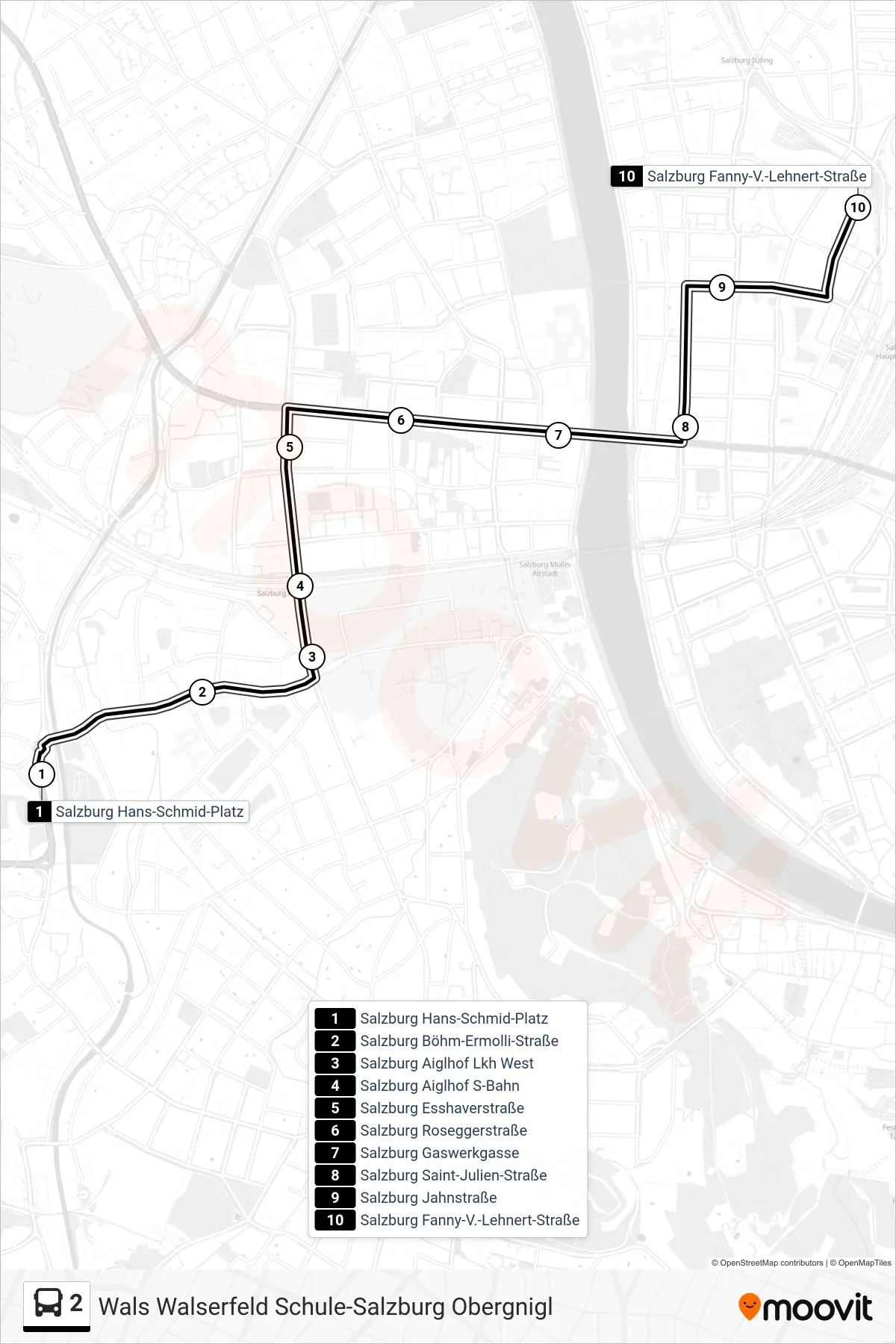 2 bus Line (Hauptbahnhof (Ü. Maxglan)) route and stops on a map