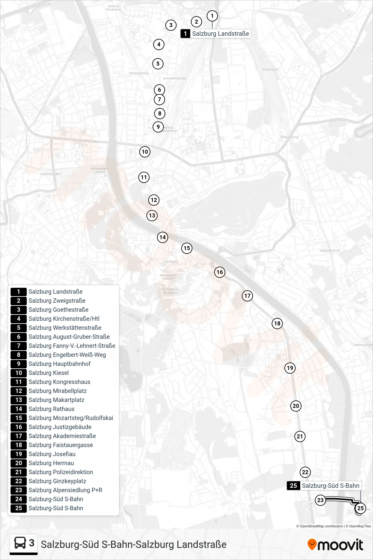 3 bus Line (Salzburg Süd) route and stops on a map