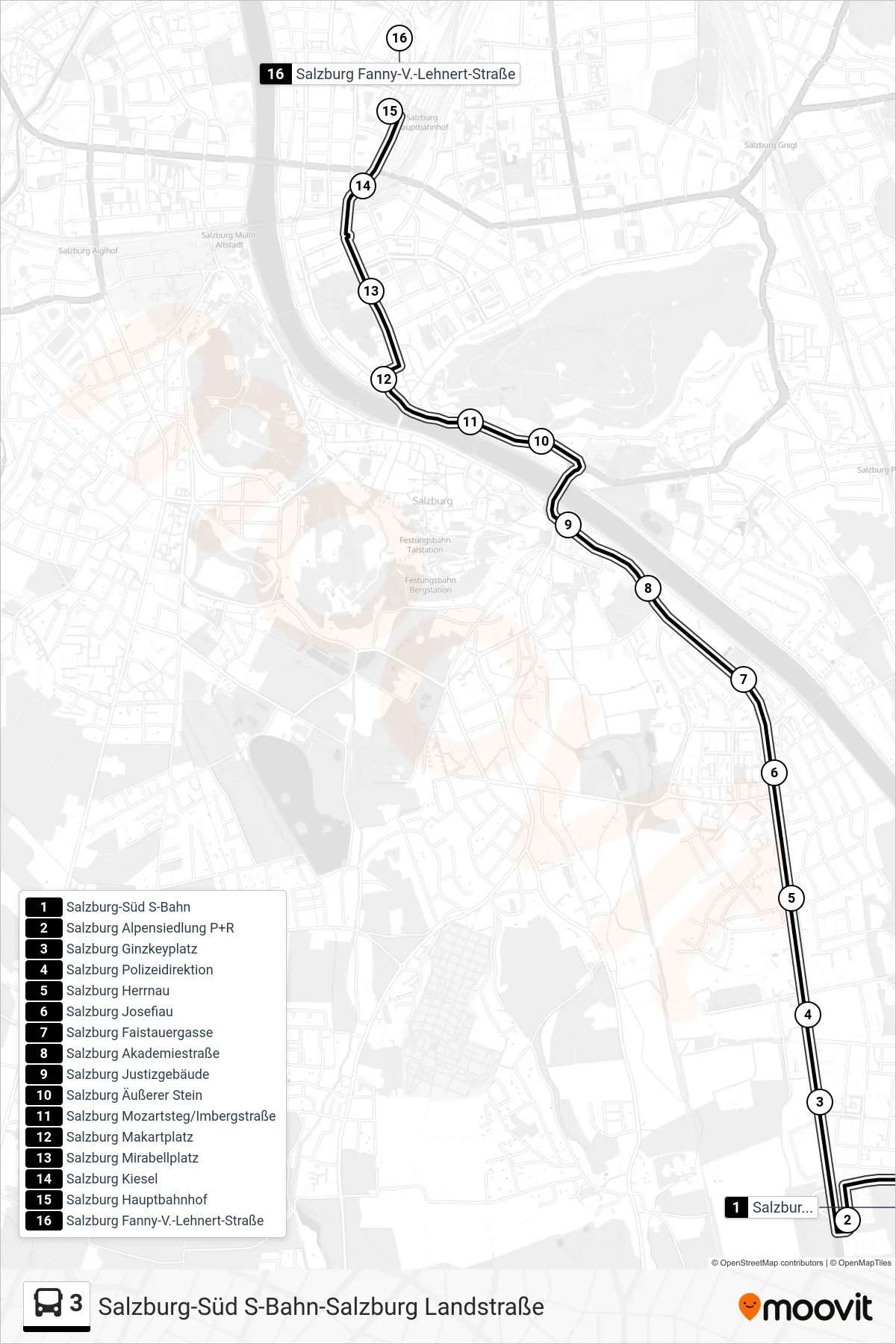 3 bus Line (Hauptbahnhof) route and stops on a map