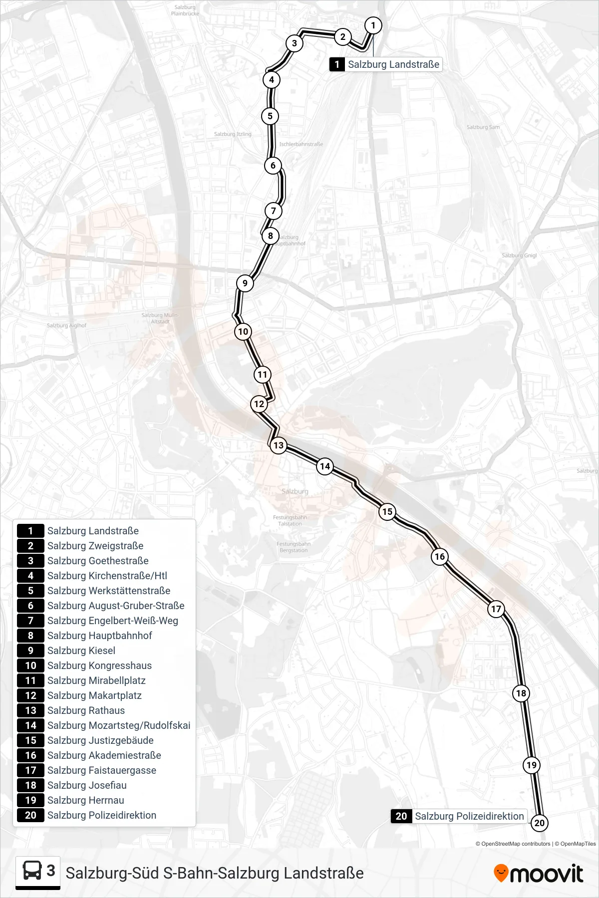 3 bus Line (Polizeidirektion) route and stops on a map