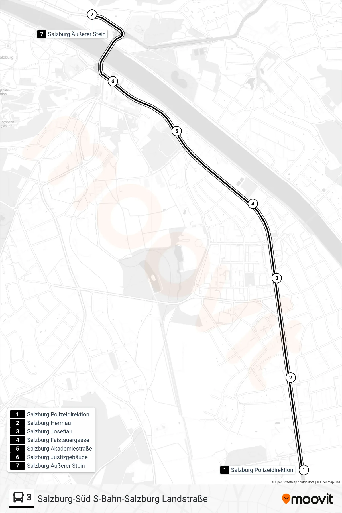 3 bus Line (Hauptbahnhof (Ü. Maxglan)) route and stops on a map