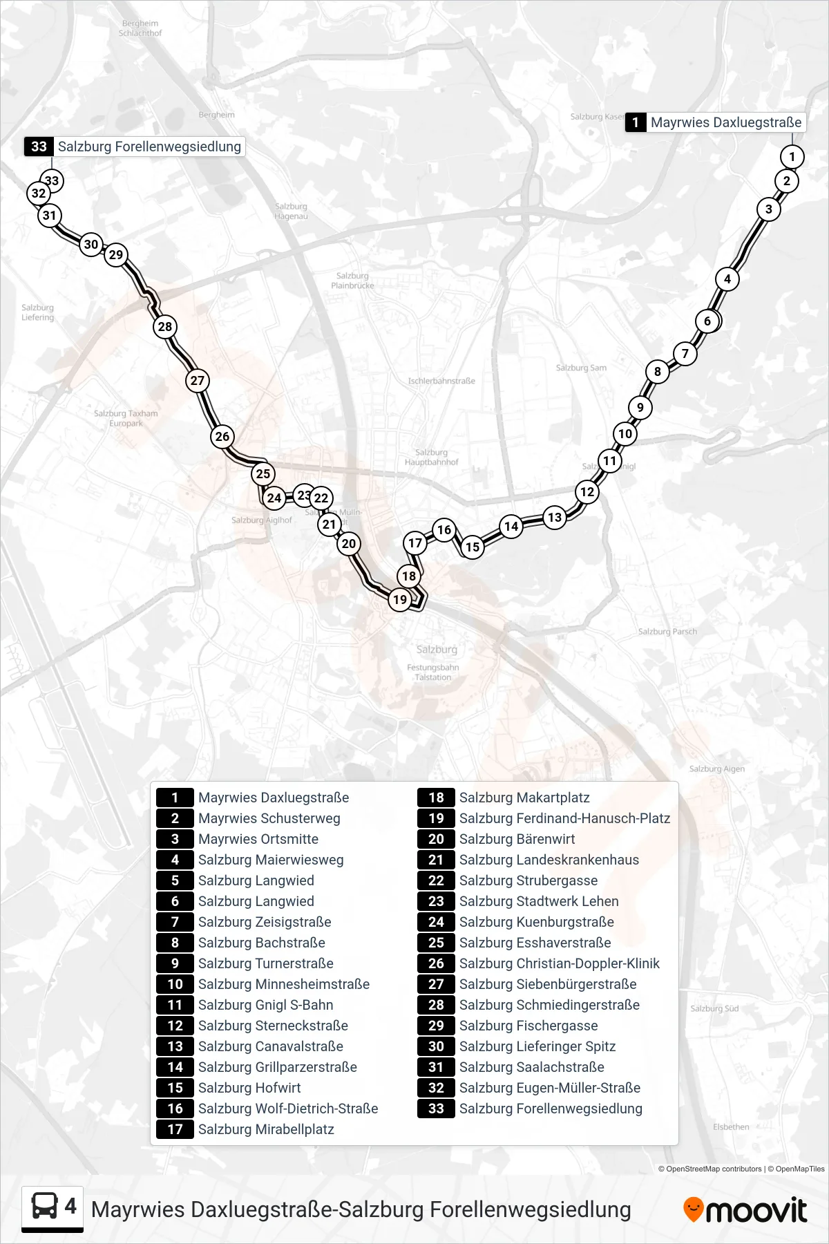 4 bus Line (Liefering) route and stops on a map