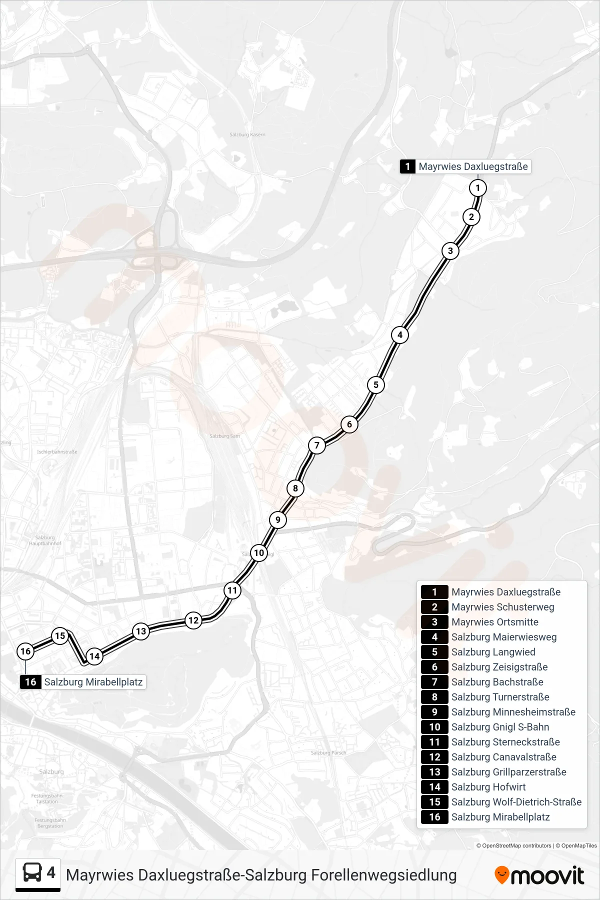 4 bus Line (Mirabellplatz) route and stops on a map