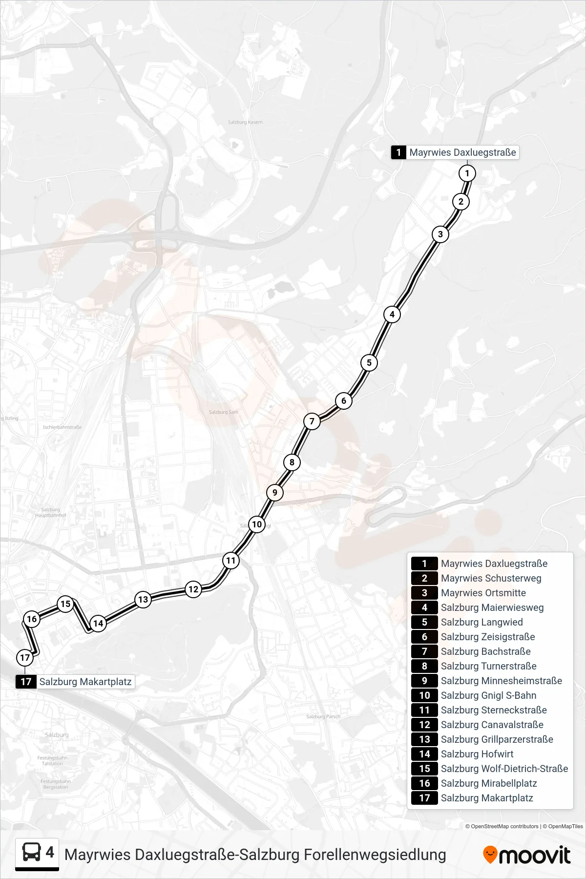 Linie 4 (Bus) Richtung Zentrum: Route und Haltestellen auf der Karte
