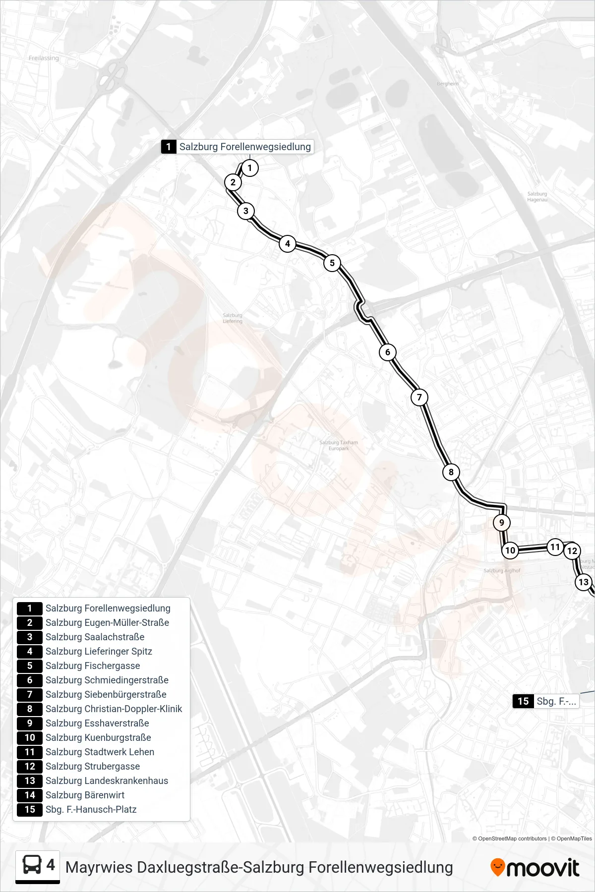 4 bus Line (F.-Hanusch-Platz) route and stops on a map