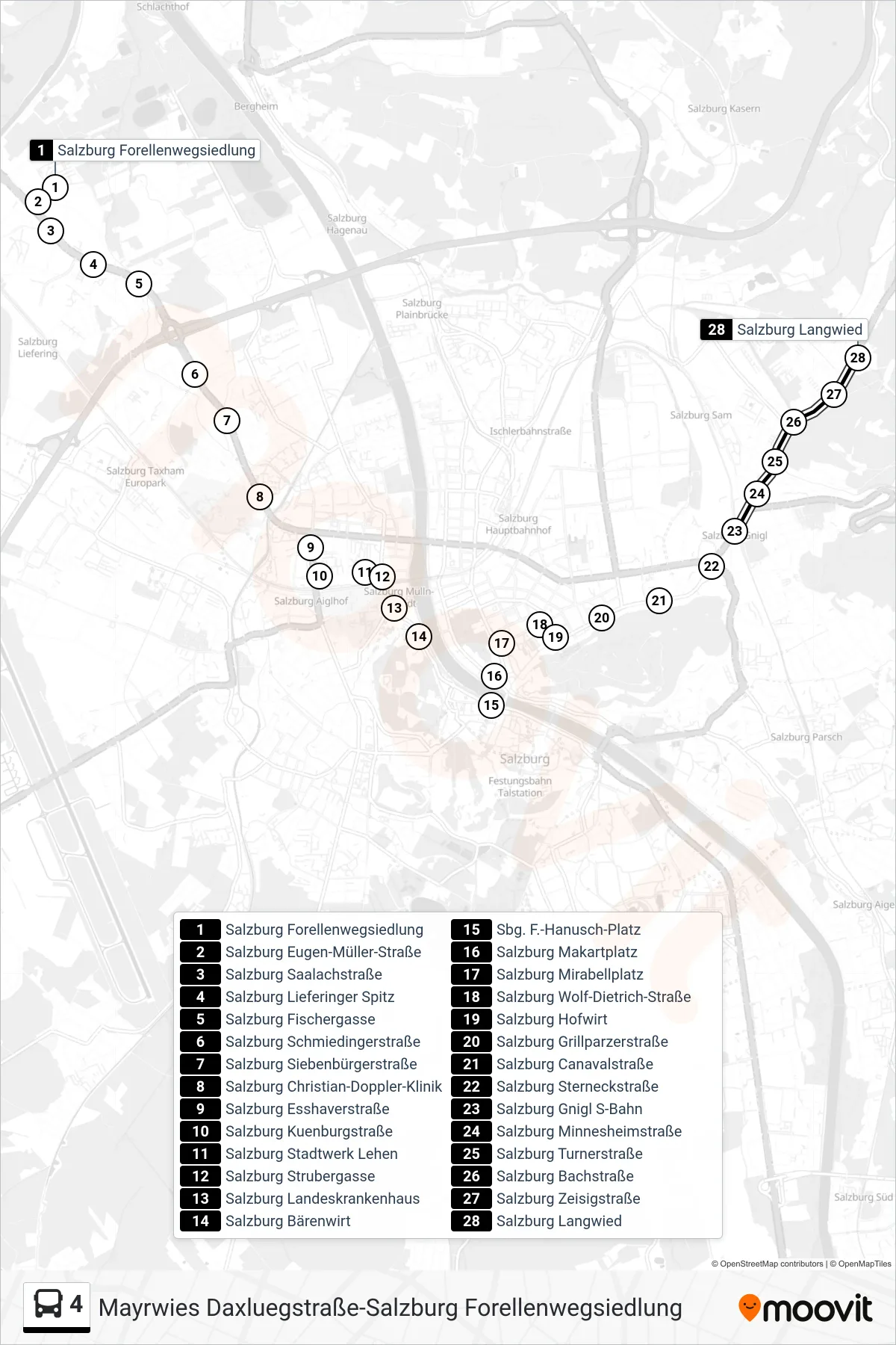 4 bus Line (Langwied) route and stops on a map