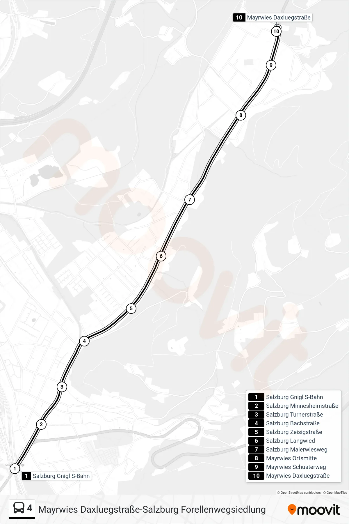 Linie 4 (Bus) Richtung Mayrwies Ü. Volksg.: Route und Haltestellen auf der Karte
