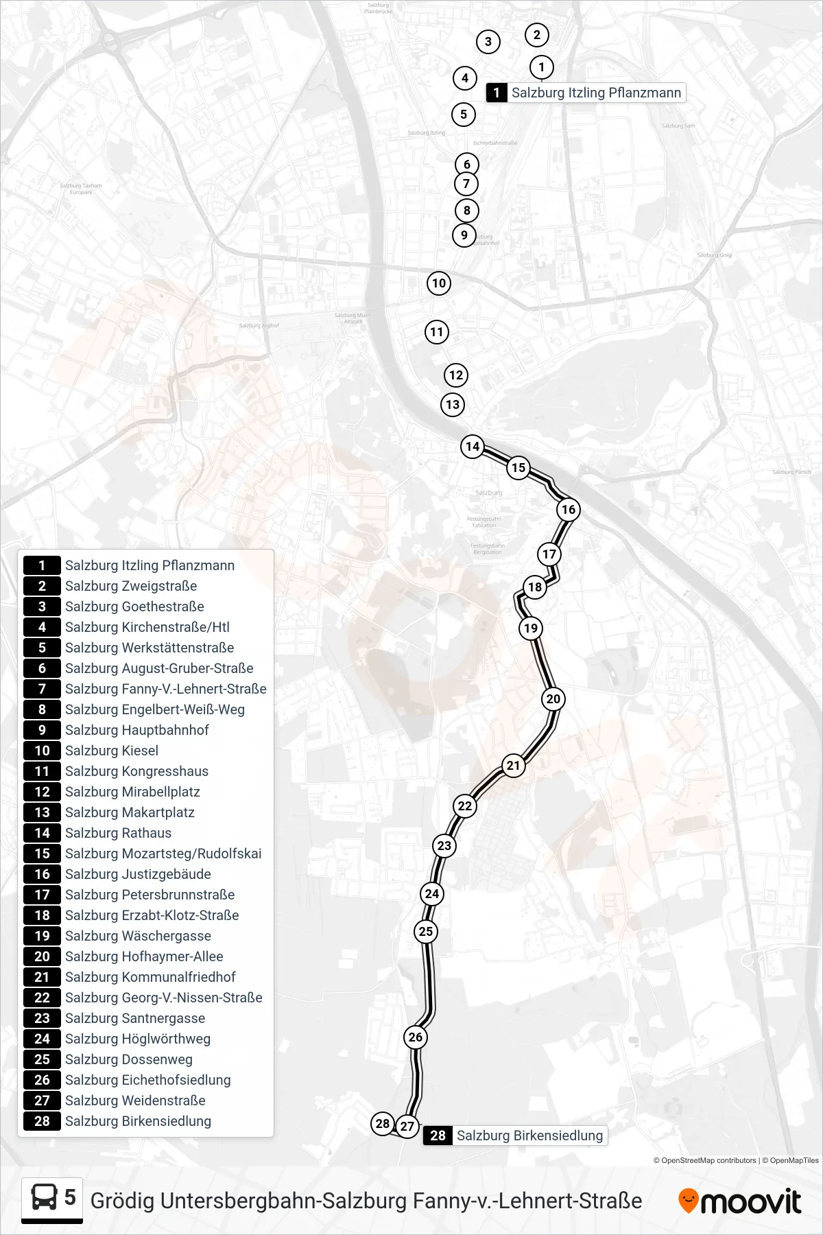 5 bus Line (Birkensiedlung) route and stops on a map